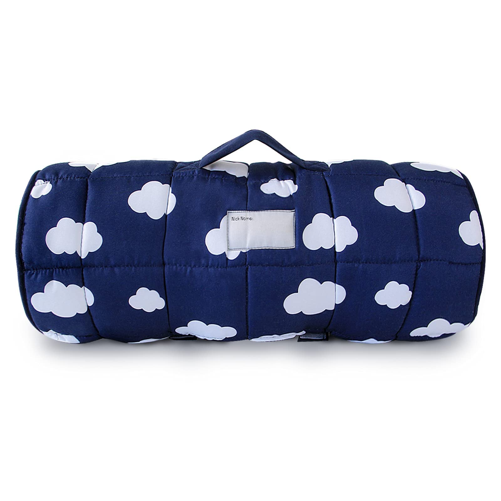 Biloban nap mat folded with handle demonstrating easy transport for daycare
