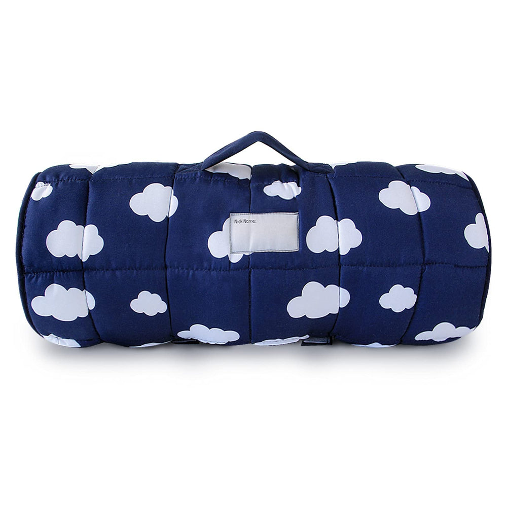 Biloban nap mat folded with handle demonstrating easy transport for daycare