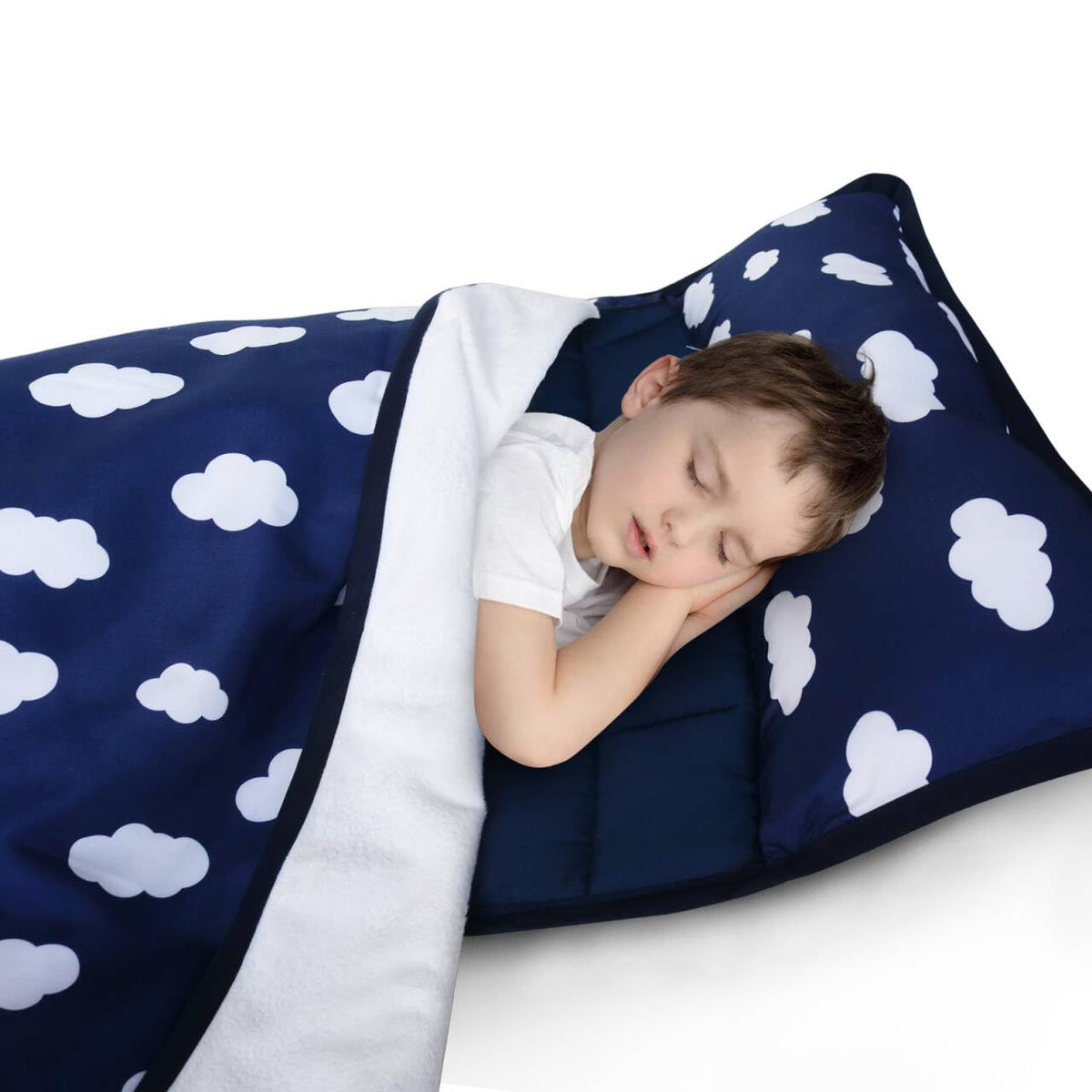 Biloban nap mat front view showing dark blue quilted surface and compact profile benefit comfort
