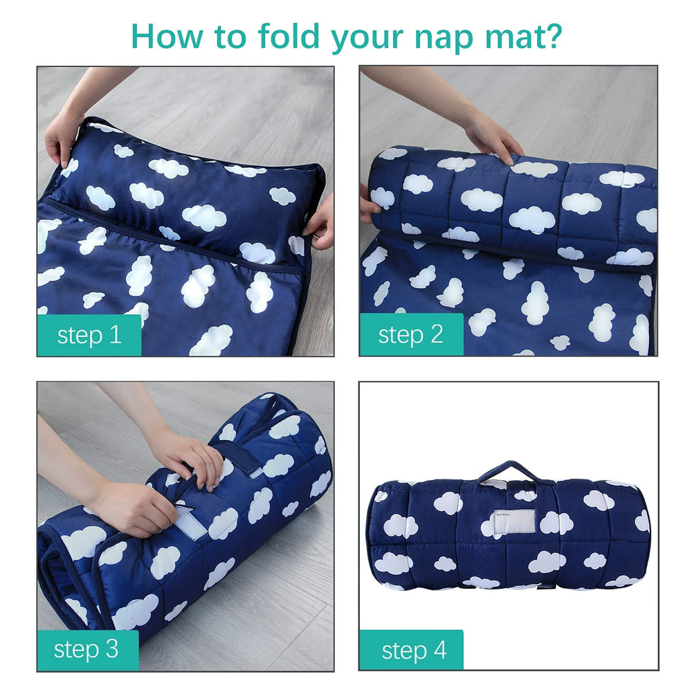 Biloban nap mat beside child to show 50 by 21 inch size for preschool fit