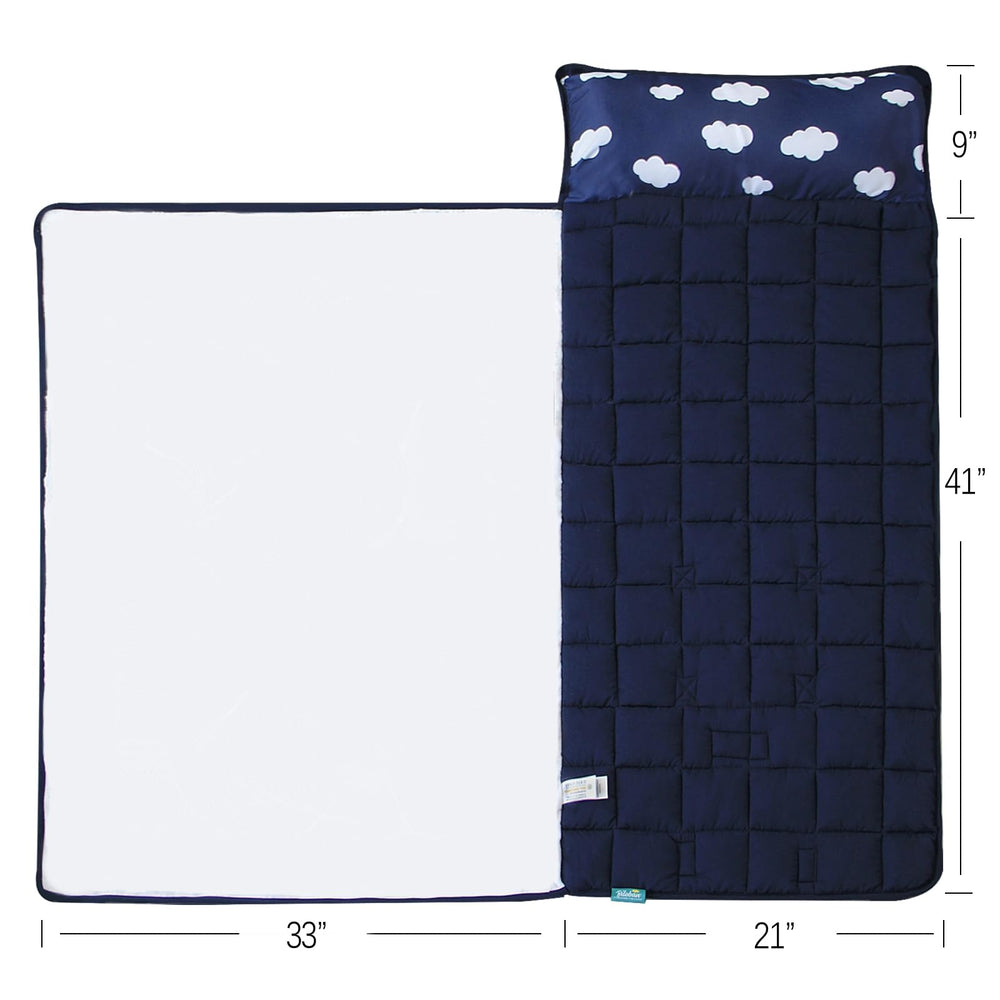 Biloban nap mat close view of stitching and closures ensuring secure foldability