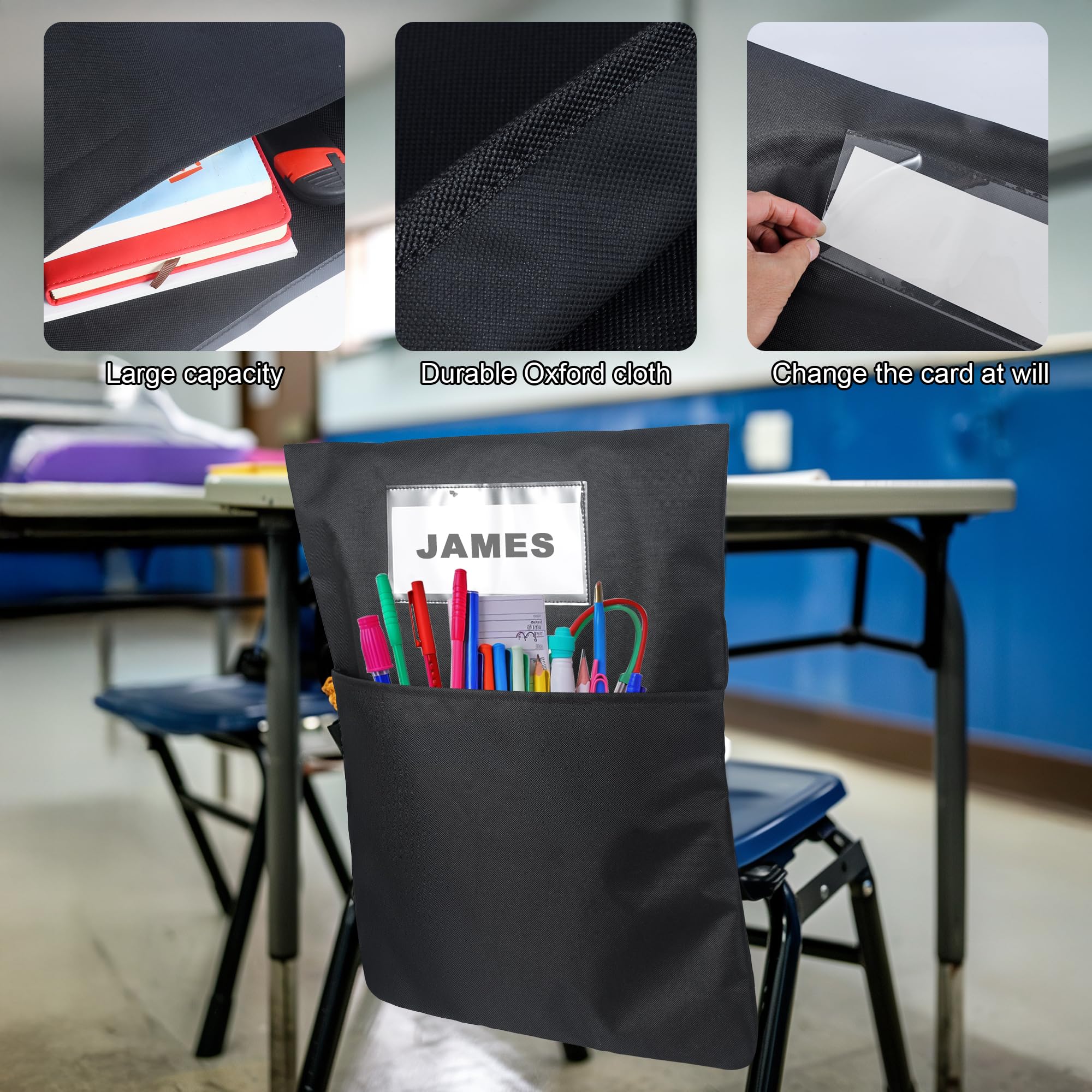 BingLzzr pocket installed on classroom chair demonstrating quick-use benefit