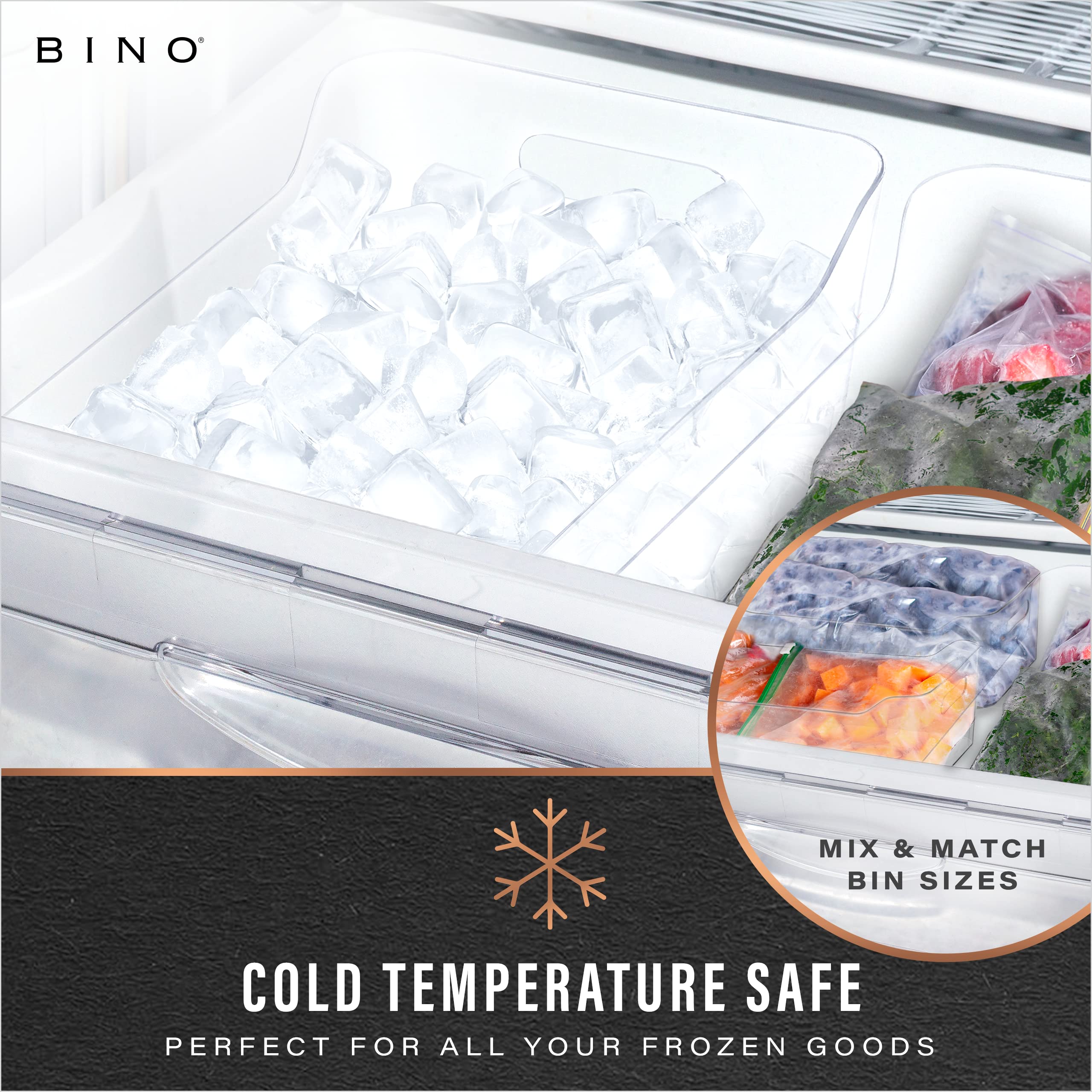 BINO bins arranged in fridge for neat, visible food storage