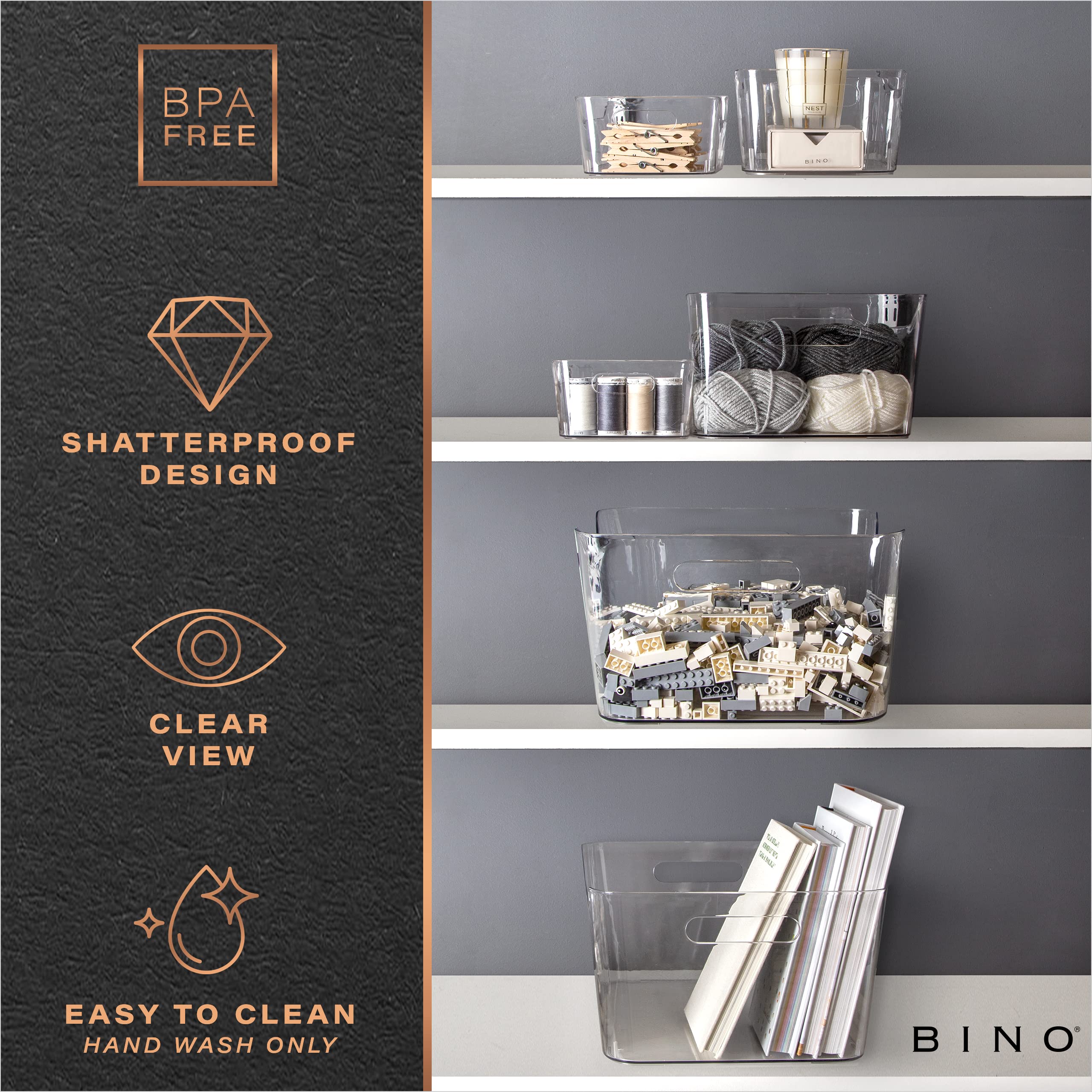 BINO bins stacked in pantry highlighting organized shelf grouping