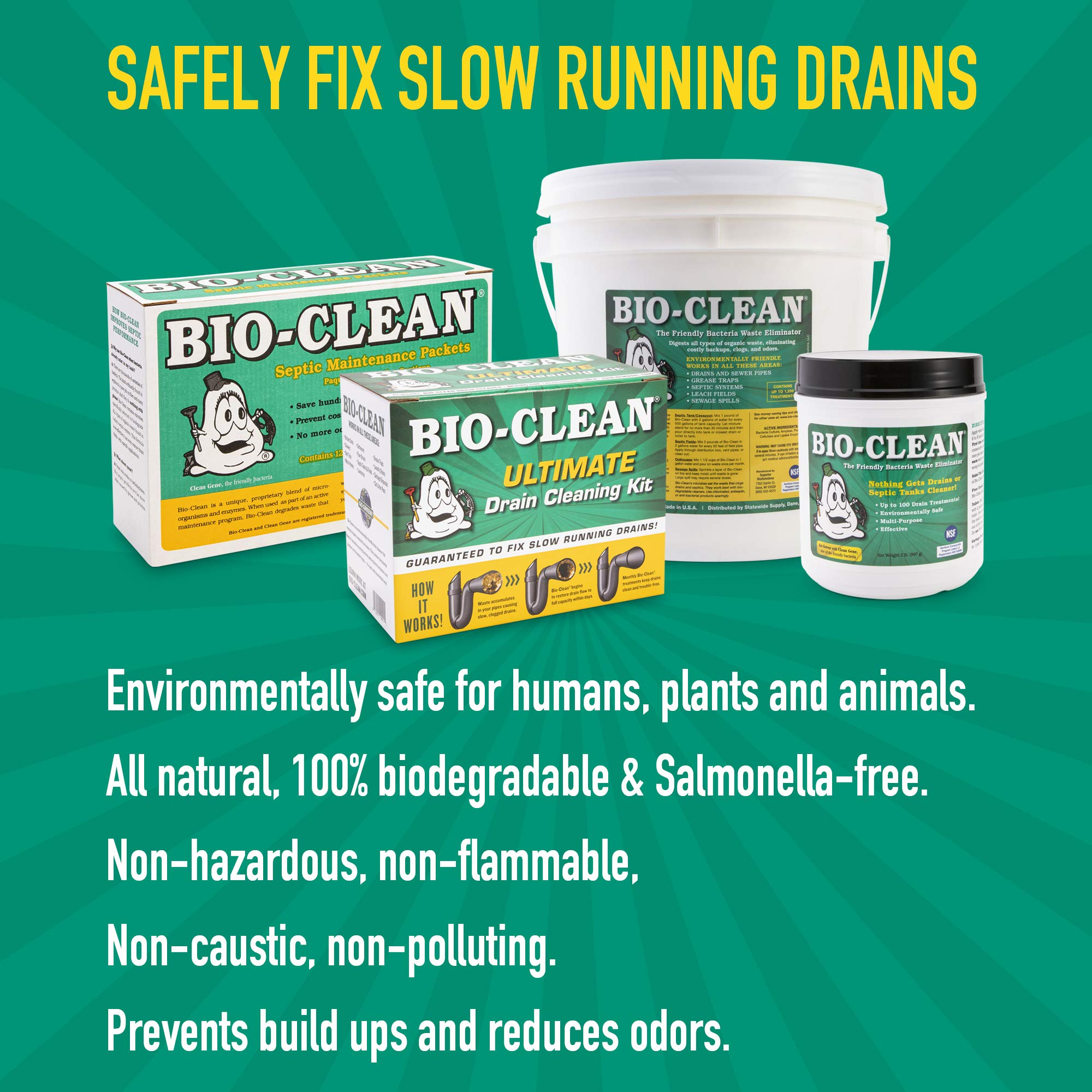Bio-Clean solution being poured down a kitchen sink to clear grease and buildup