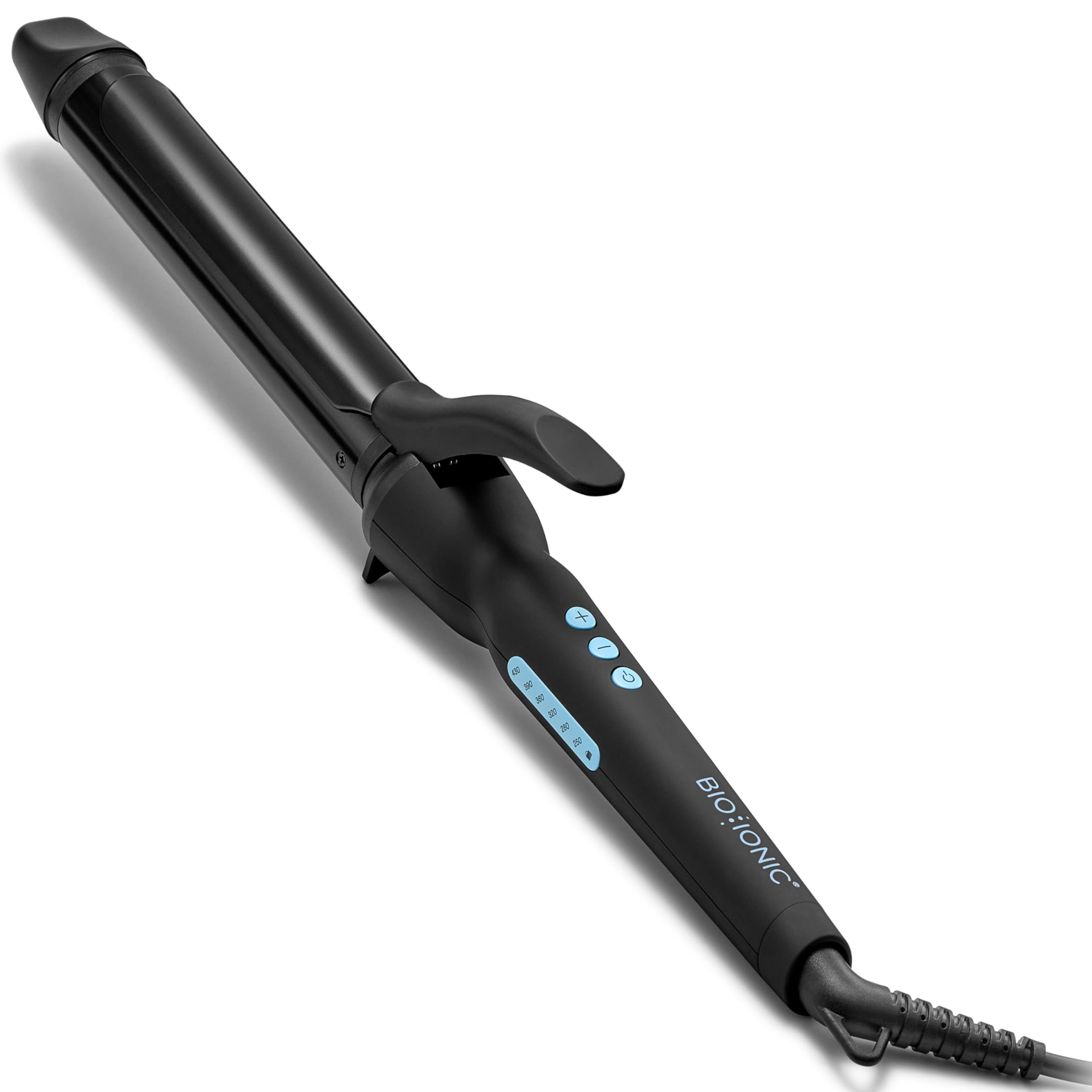 Bio Ionic front view showing long barrel and ergonomic grip for easy styling