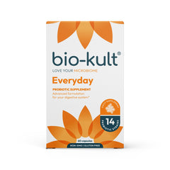Bio-Kult bottle front view showing product branding and 60-count clarity and storage benefit