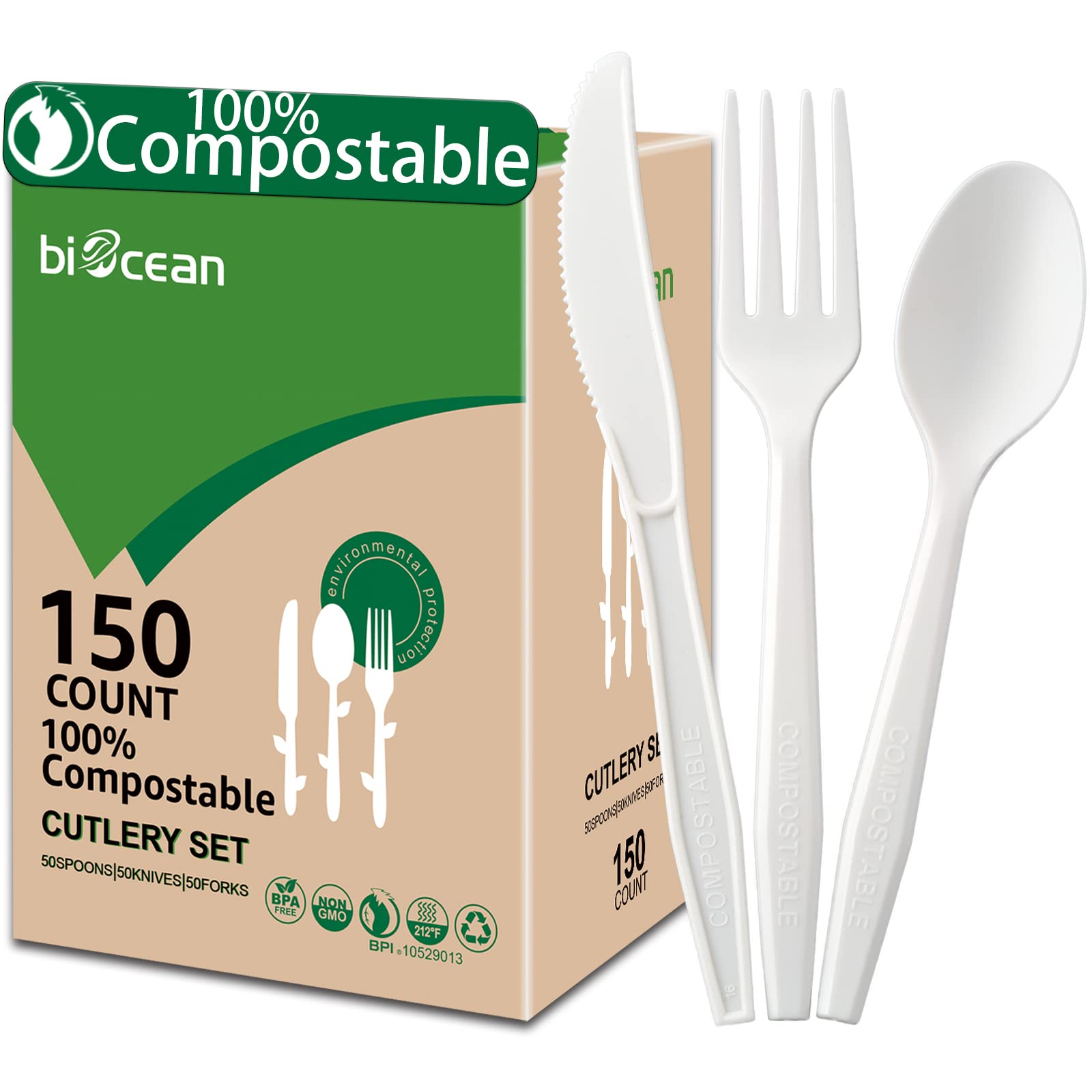 biocean front packaging showing 150-count compostable utensils and eco benefit