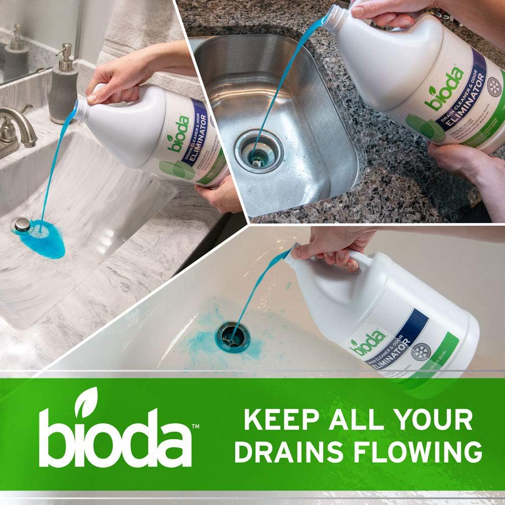 Bioda being poured into a kitchen sink drain to prevent clogs and odors