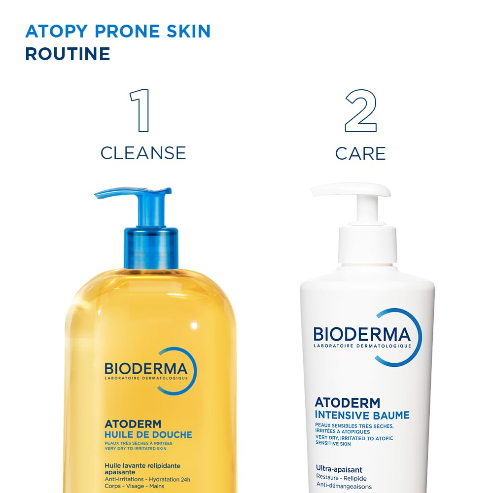 Bioderma Atoderm family bottle in lifestyle scene indicating household use benefit