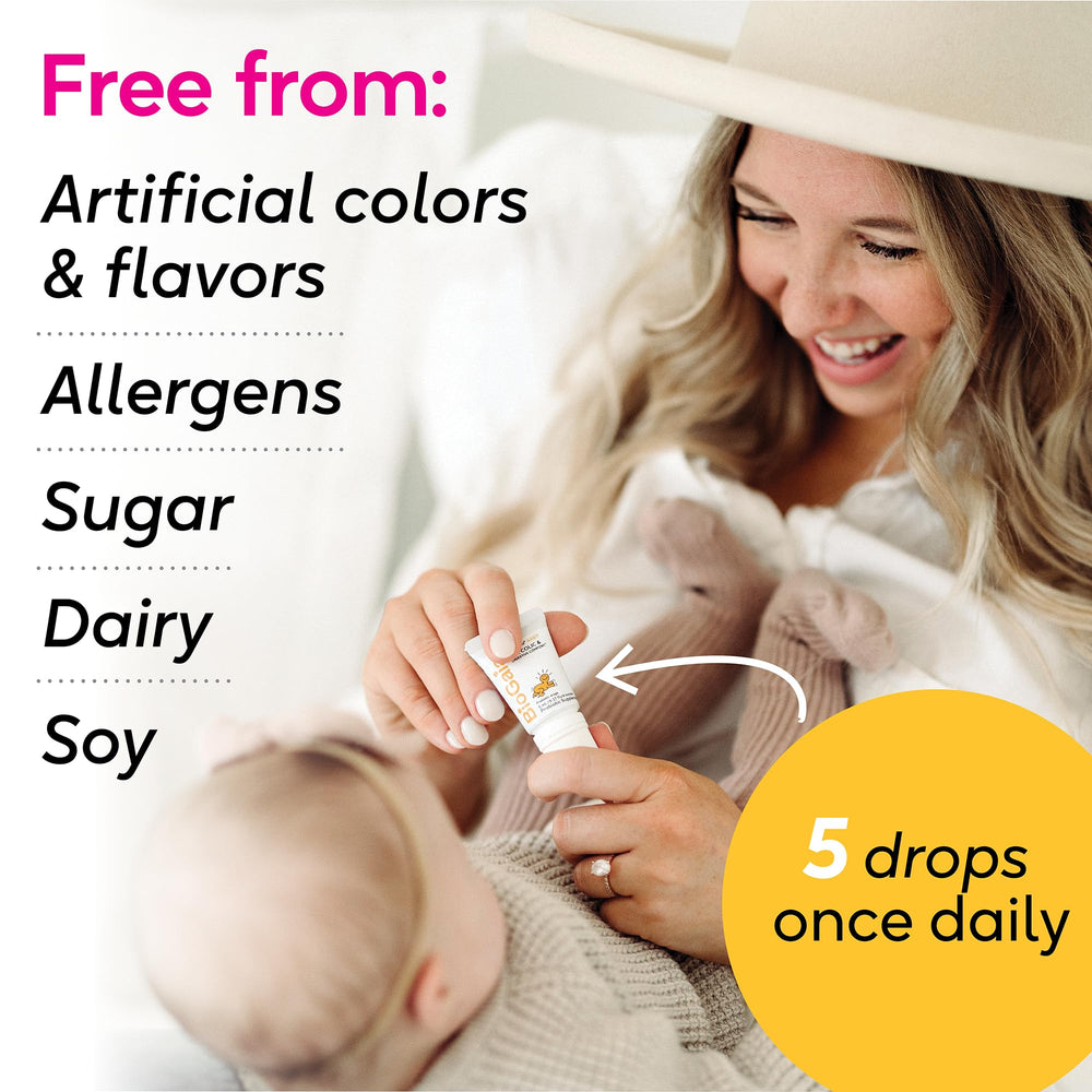 BioGaia baby drops ingredients and free-from icons emphasizing allergen-free benefits