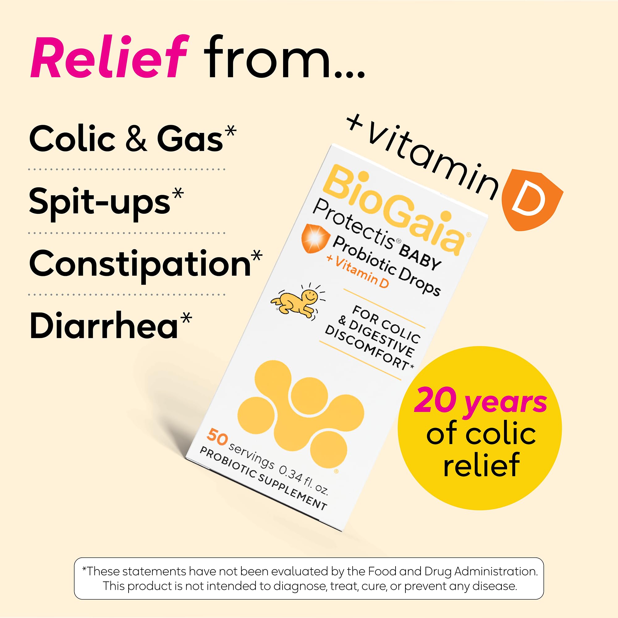 BioGaia baby drops label closeup highlighting vitamin D and probiotic strain information