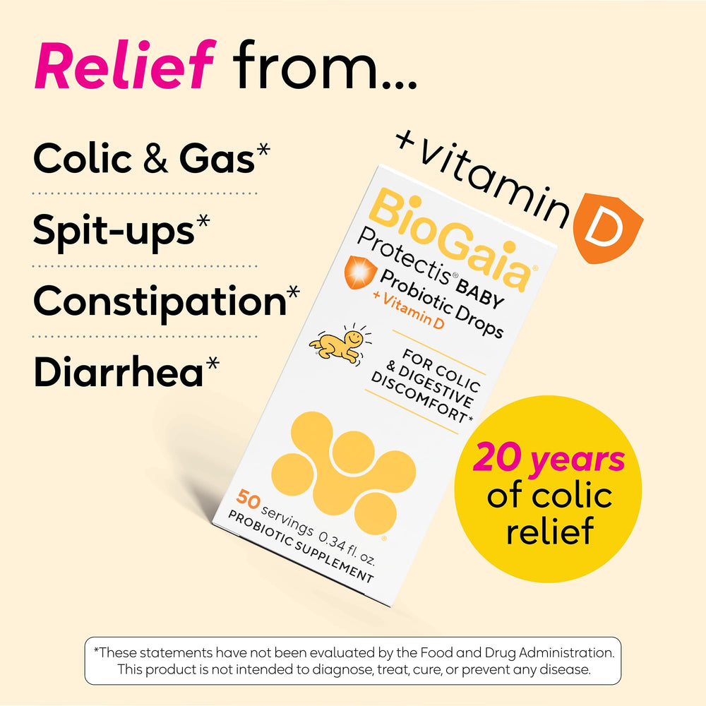 BioGaia baby drops label closeup highlighting vitamin D and probiotic strain information
