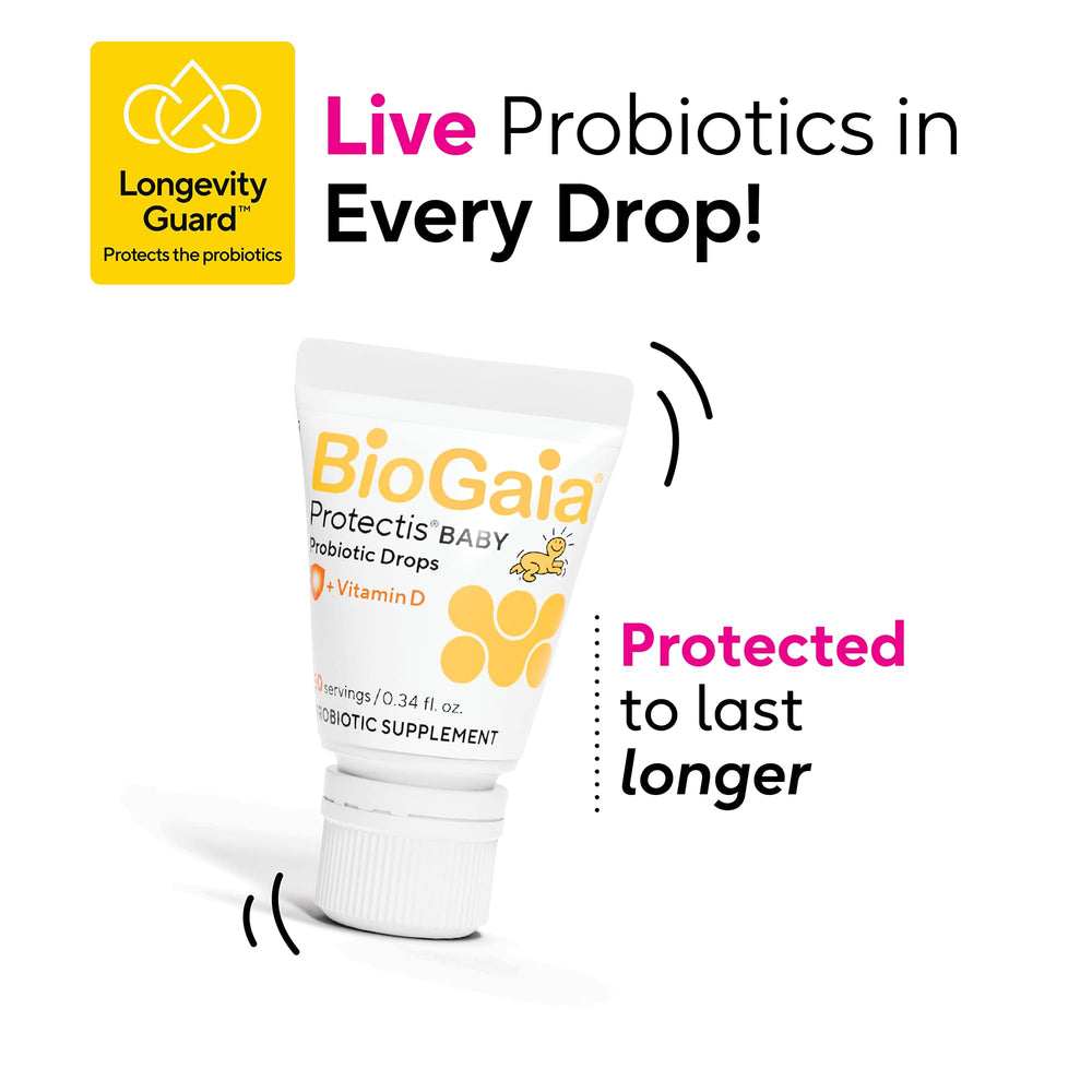 BioGaia baby drops size comparison with ruler showing compact 5 mL travel-friendly bottle