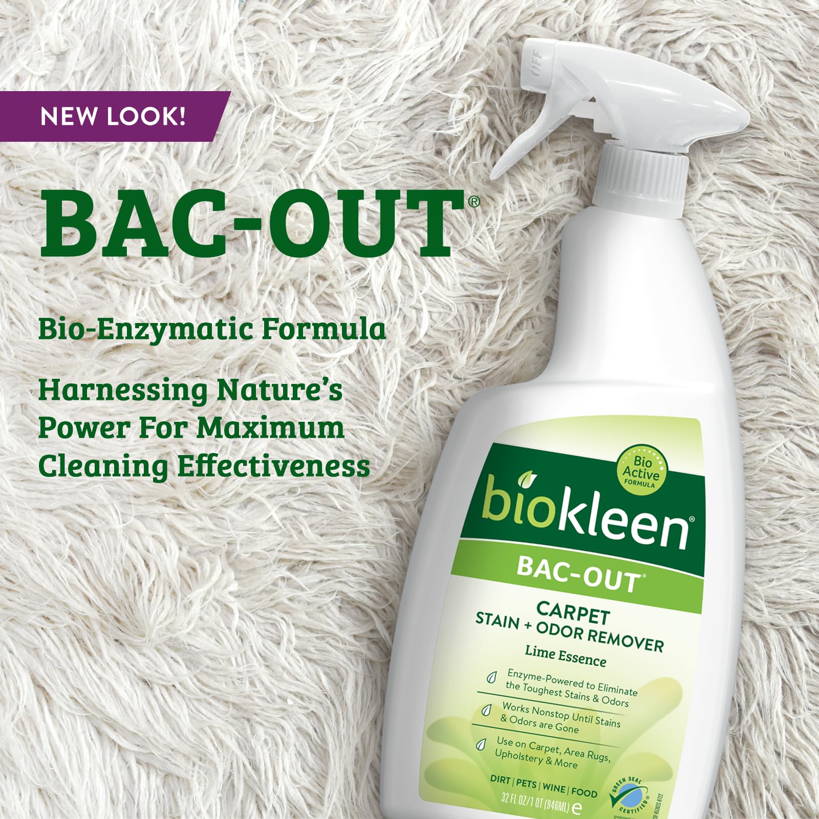 Biokleen Bac-Out spray bottle close-up highlighting easy use