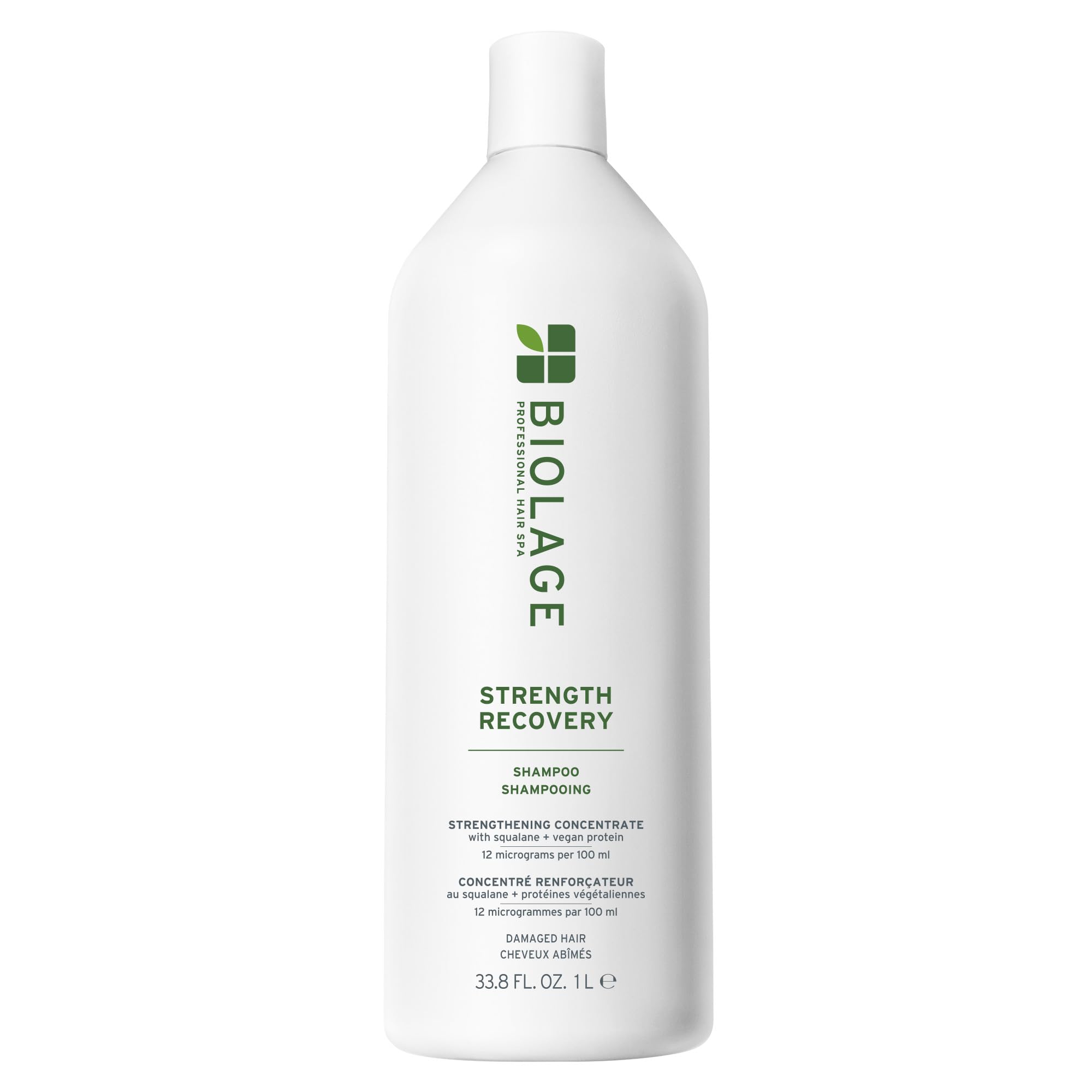 Biolage front bottle view showing 33.8 oz and salon-size strength benefit