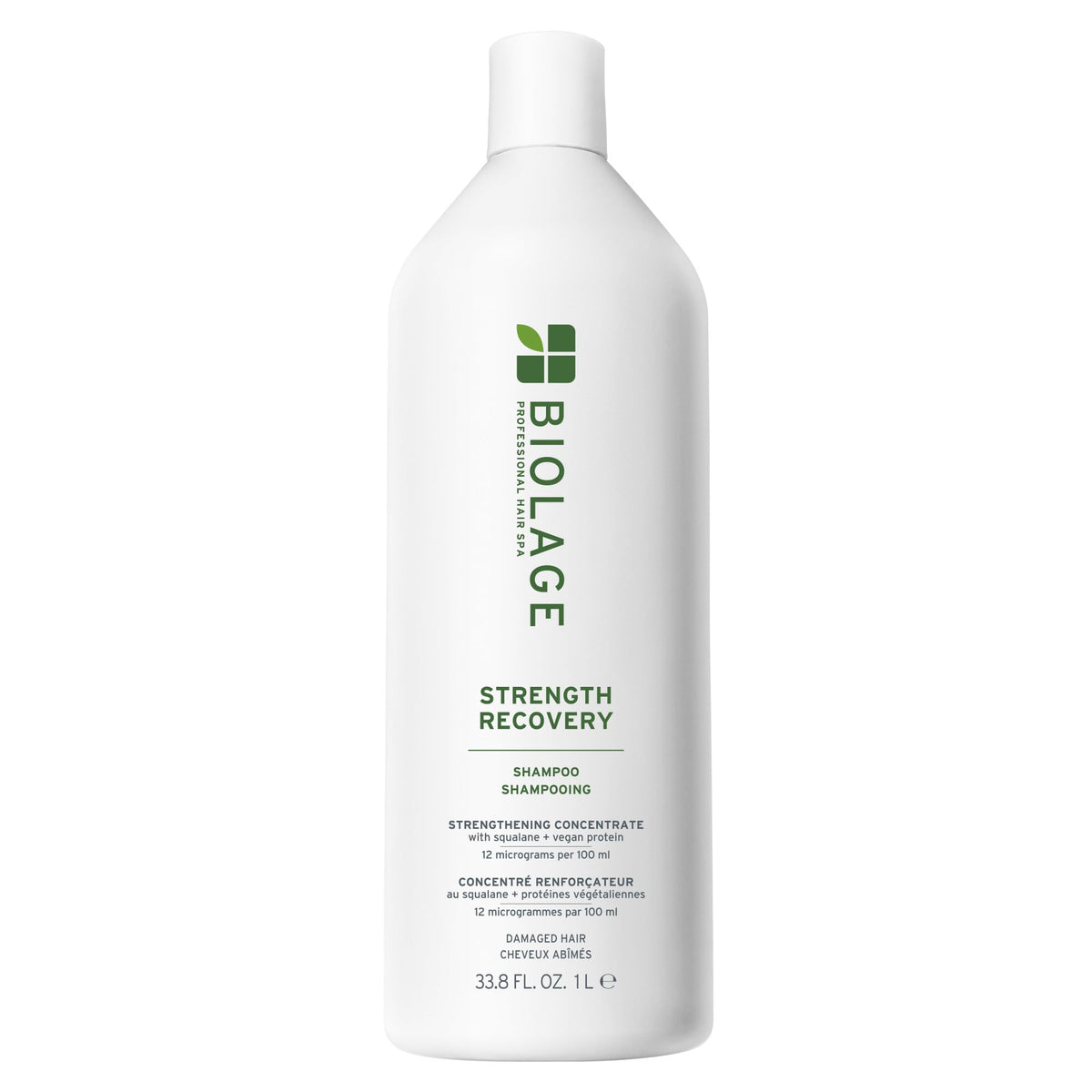 Biolage front bottle view showing 33.8 oz and salon-size strength benefit