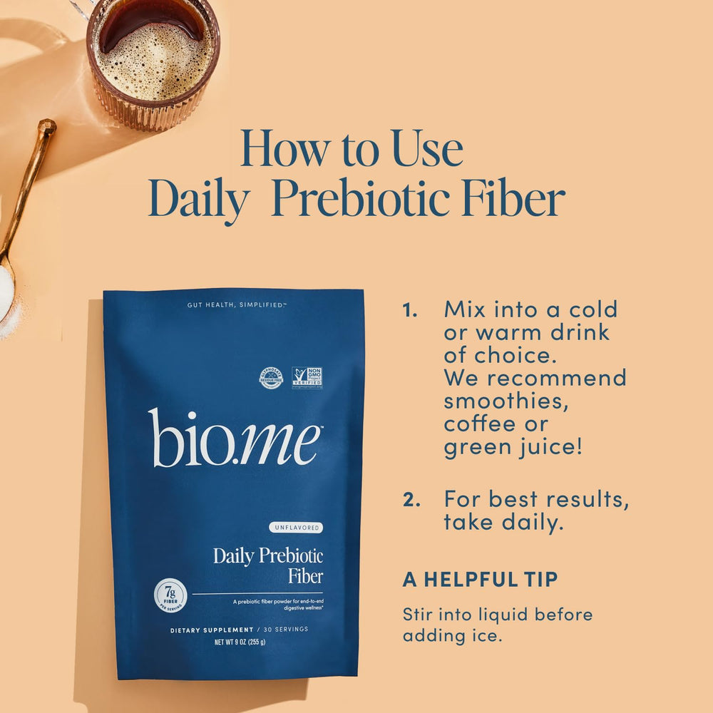 Bio.me open container top view revealing powder level, showing freshness and ready-to-use benefit