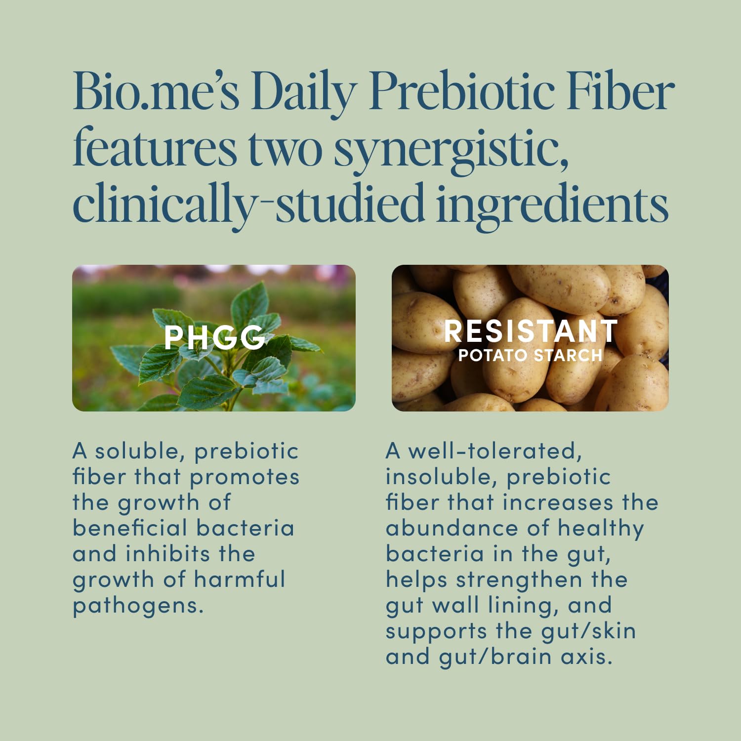 Bio.me ingredient concept graphic featuring resistant potato starch, gut-support benefit
