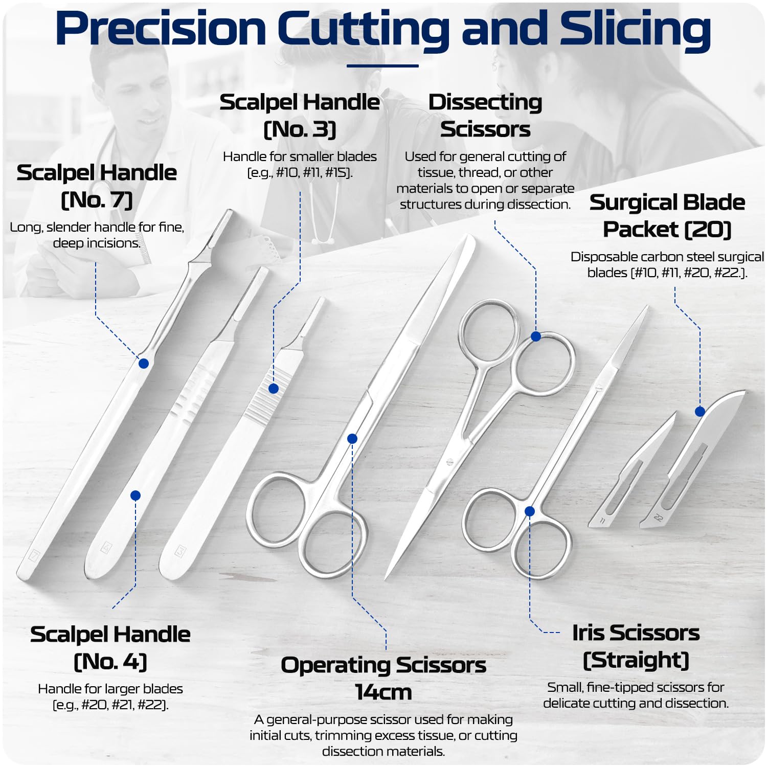 BioPrecision scalpel and blades close-up showing surgical-grade sharpness