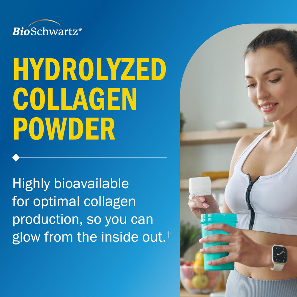 BioSchwartz open jar revealing powder inside, clean collagen convenience benefit