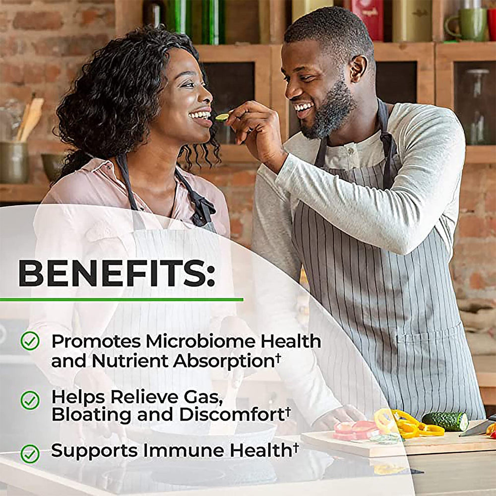 Prebiotic powder texture beside capsules showing organic prebiotic source benefit