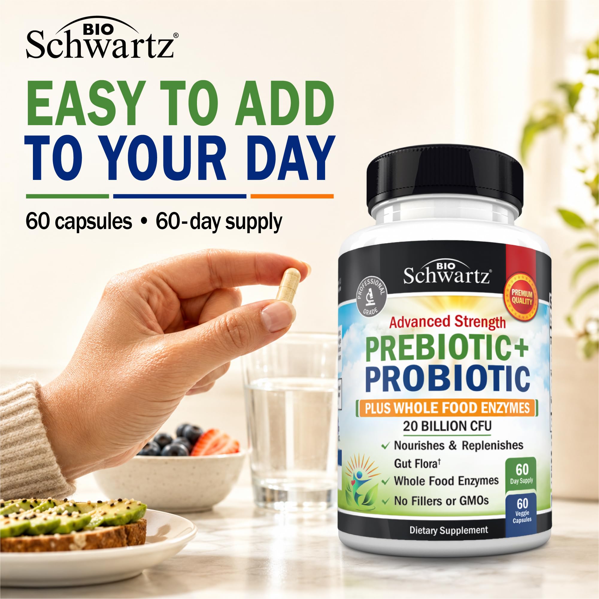 BioSchwartz capsule beside a glass of water and meal suggesting convenient morning use benefit