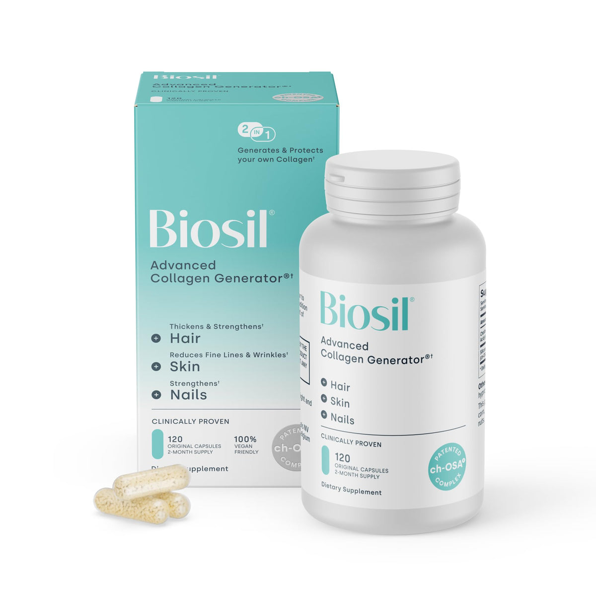 Biosil front packaging showing clean label and 120 capsules for supplement clarity