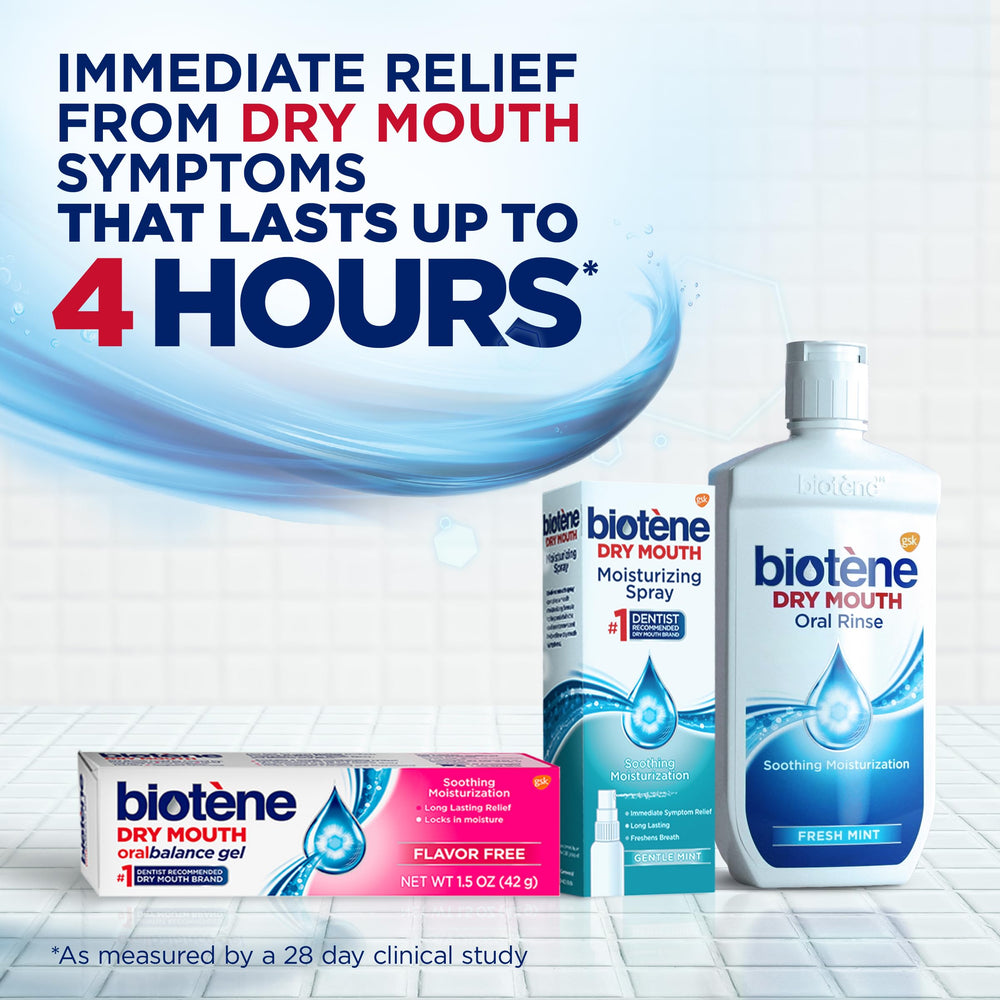 biotene mouthwash bottle closeup showing label and alcohol-free benefit
