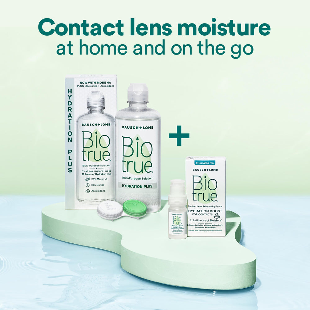 Biotrue bottle beside an eye chart highlighting vision support and cleaning efficacy