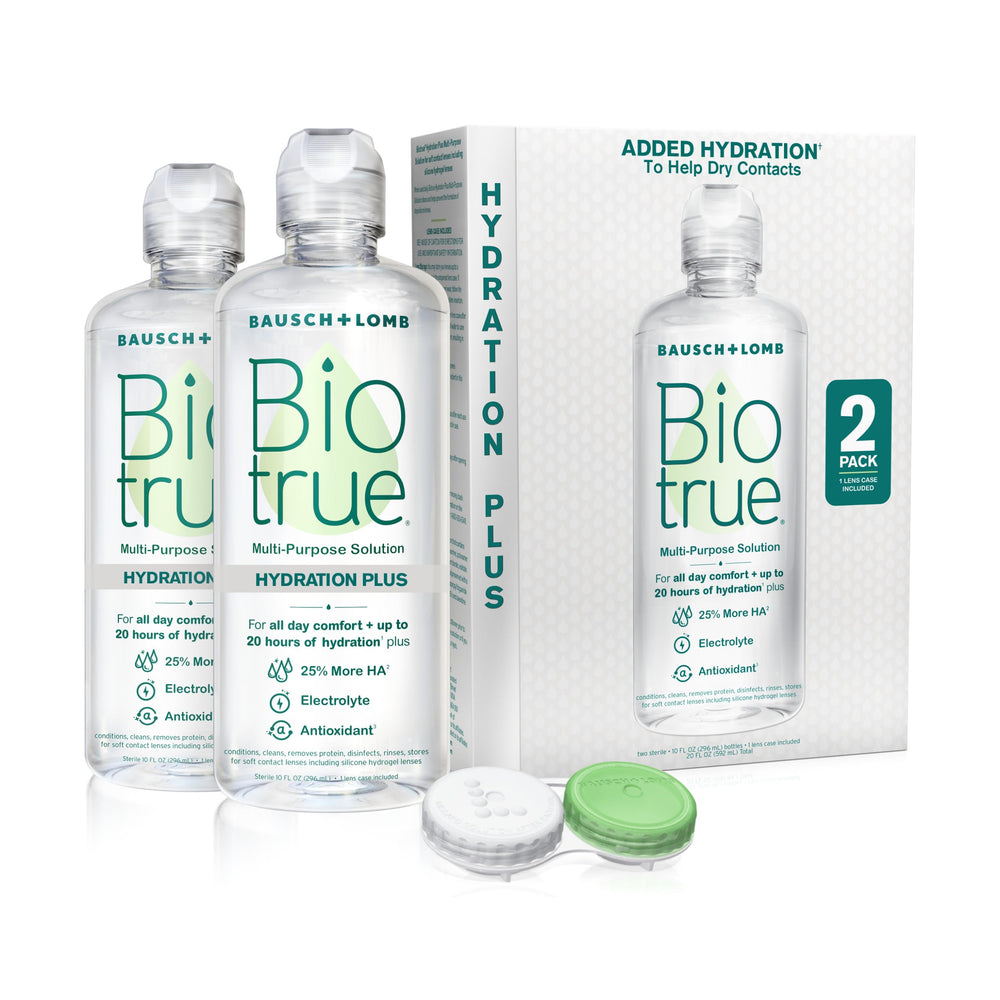 Biotrue front packaging showing two 10 oz bottles and included case for clear supply benefits