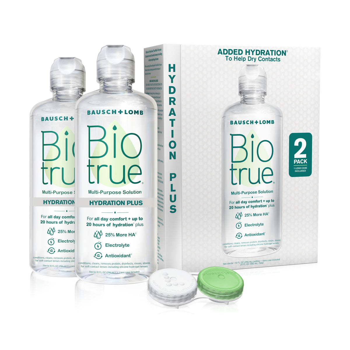 Biotrue front packaging showing two 10 oz bottles and included case for clear supply benefits