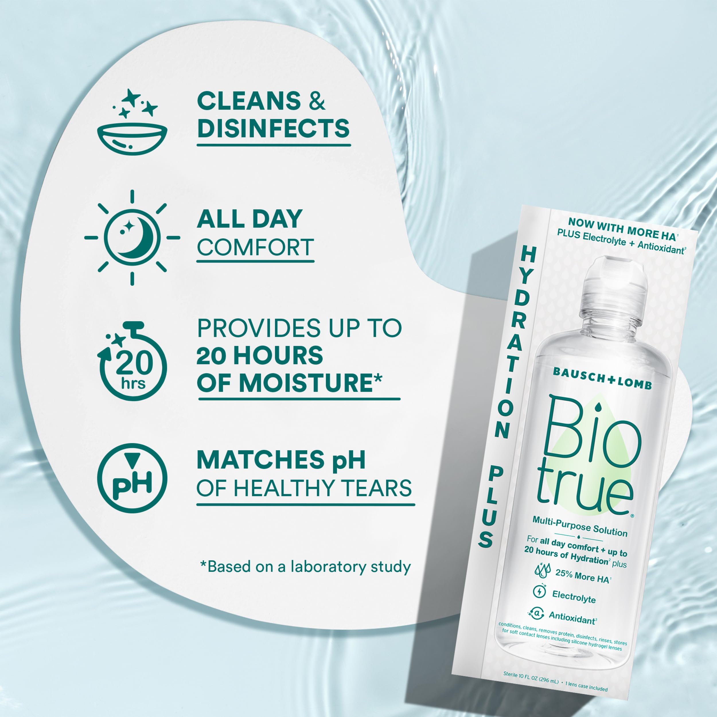 Lens case filled with Biotrue solution illustrating storage and disinfecting benefit