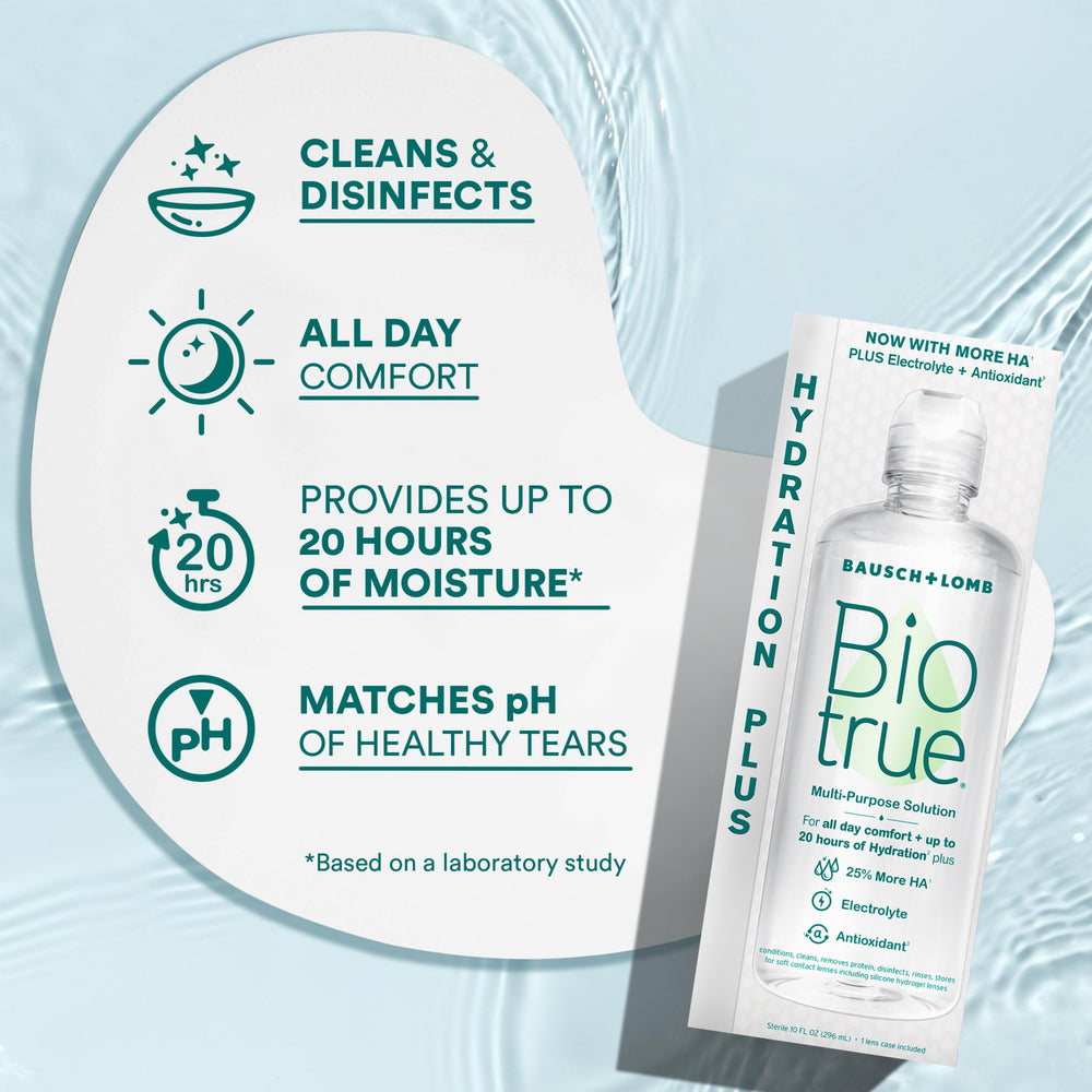 Lens case filled with Biotrue solution illustrating storage and disinfecting benefit