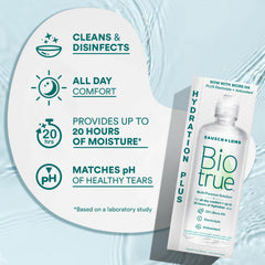 Lens case filled with Biotrue solution illustrating storage and disinfecting benefit