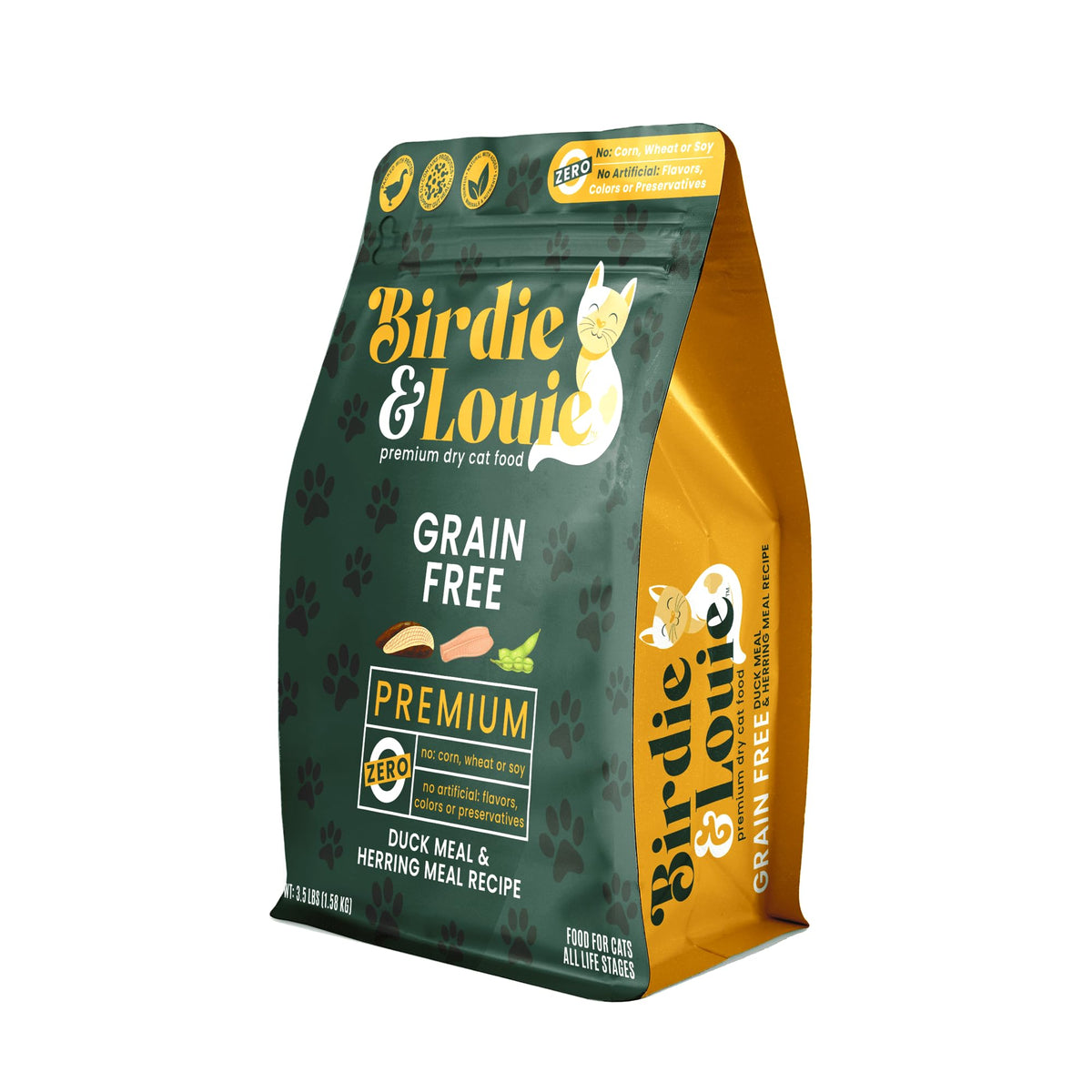 Birdie & Louie front packaging showing duck and herring benefits
