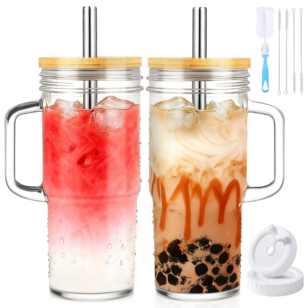 Birity glass tumbler front view showing 24oz size and handle for better portability