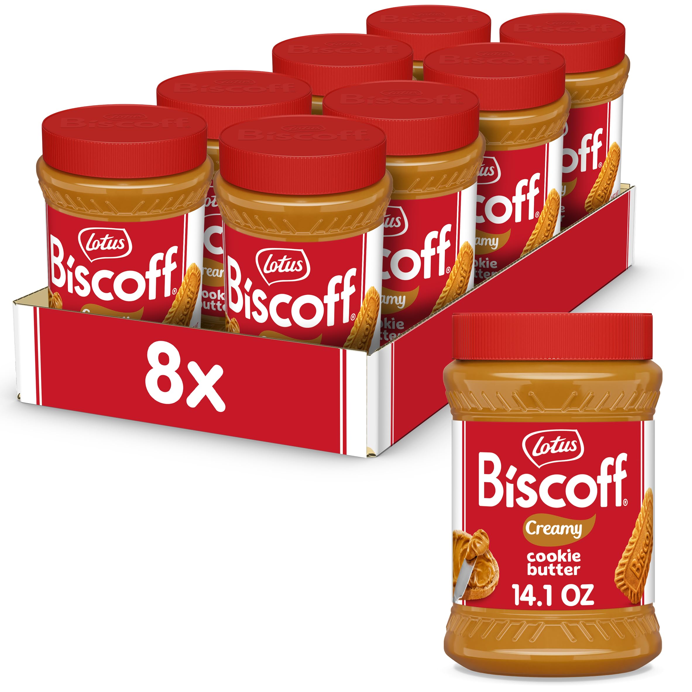 Biscoff front packshot showing eight jars and brand for pantry stocking benefit