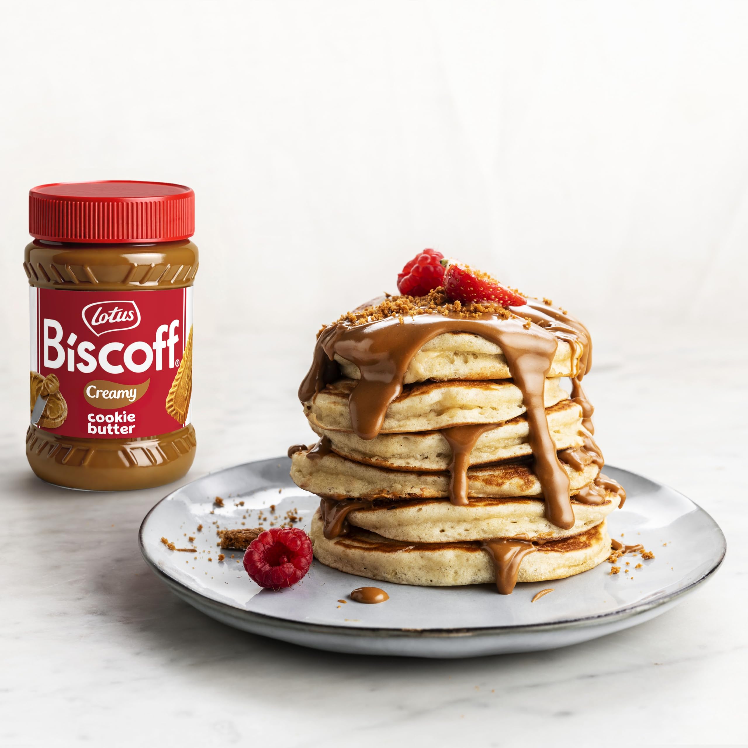 Biscoff jars stacked for size and scale indicating value pack convenience