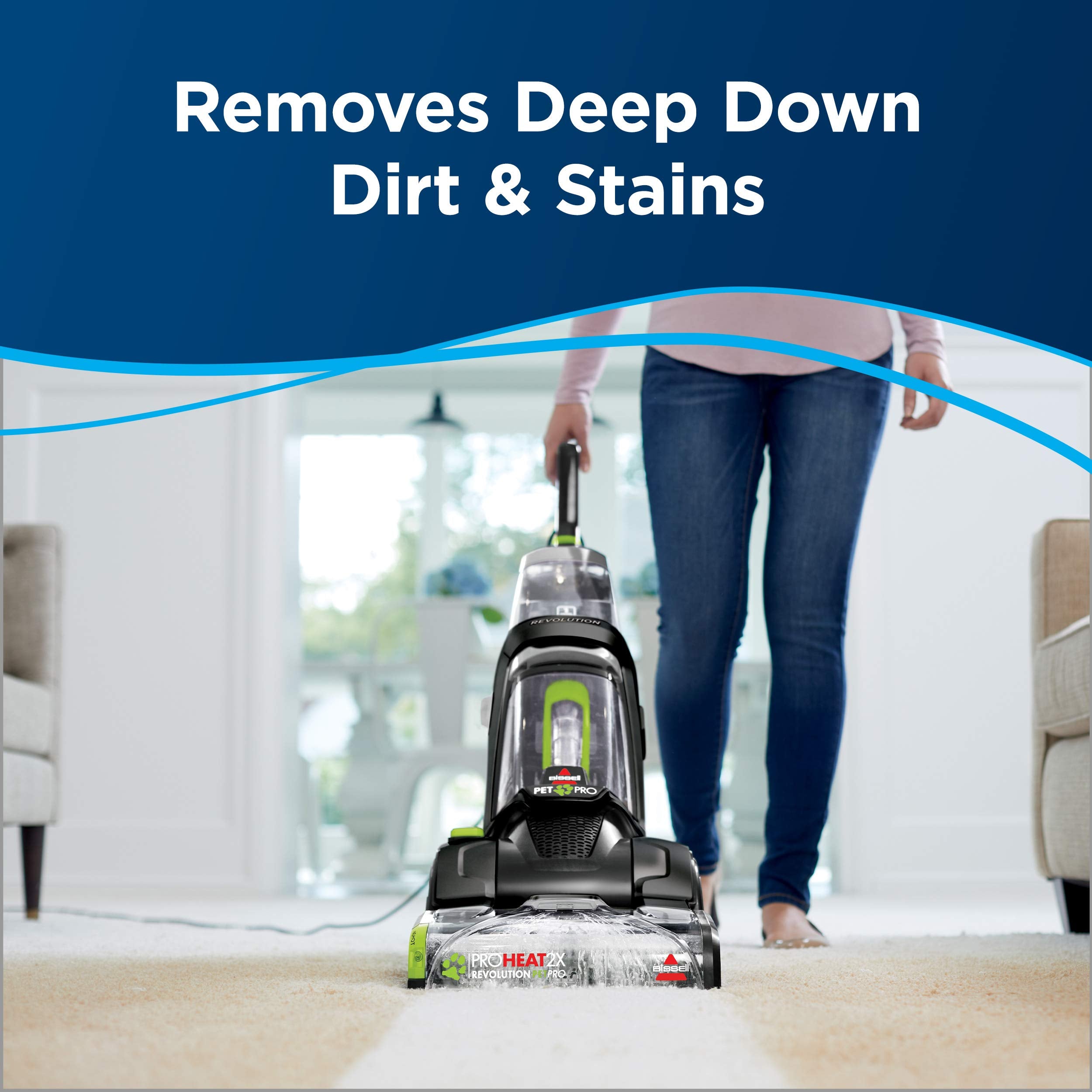 Before and after carpet cleaned with Bissell showing stain removal