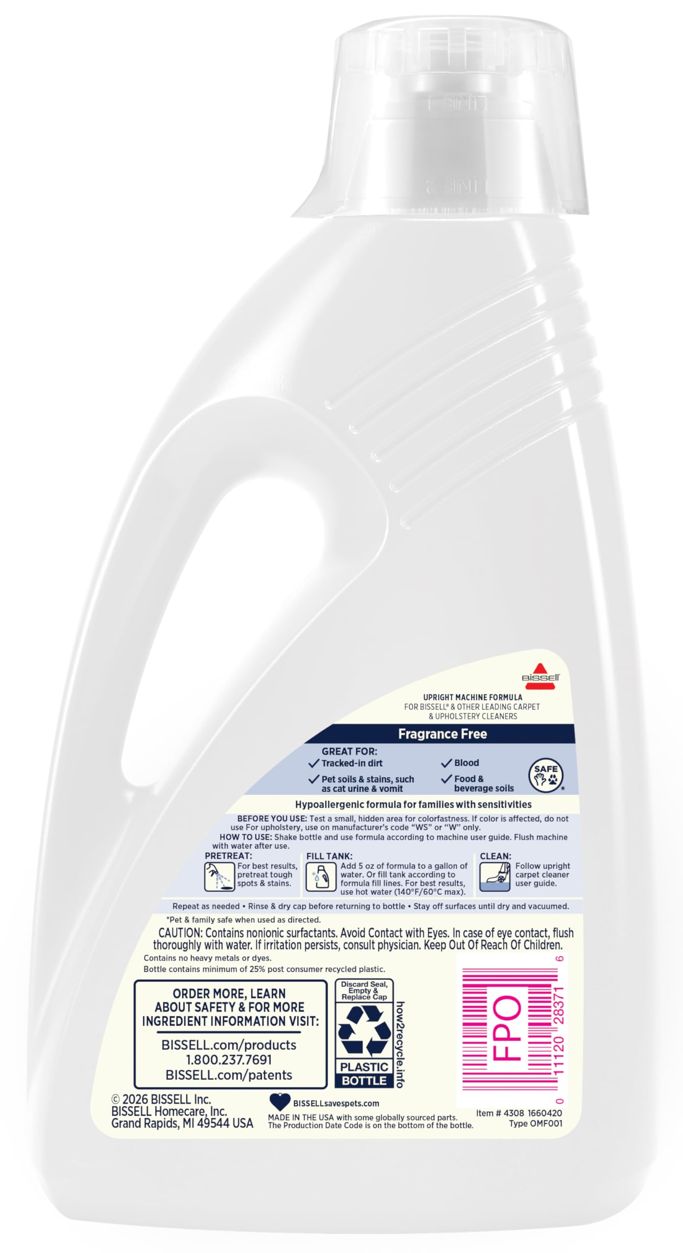 BISSELL closeup label showing OXY technology for targeted stain lifting