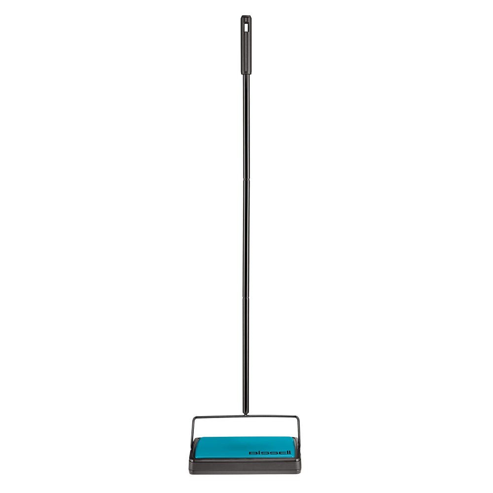 Bissell Easy Sweep Compact front view showing teal body and handle, highlighting quick cleanup