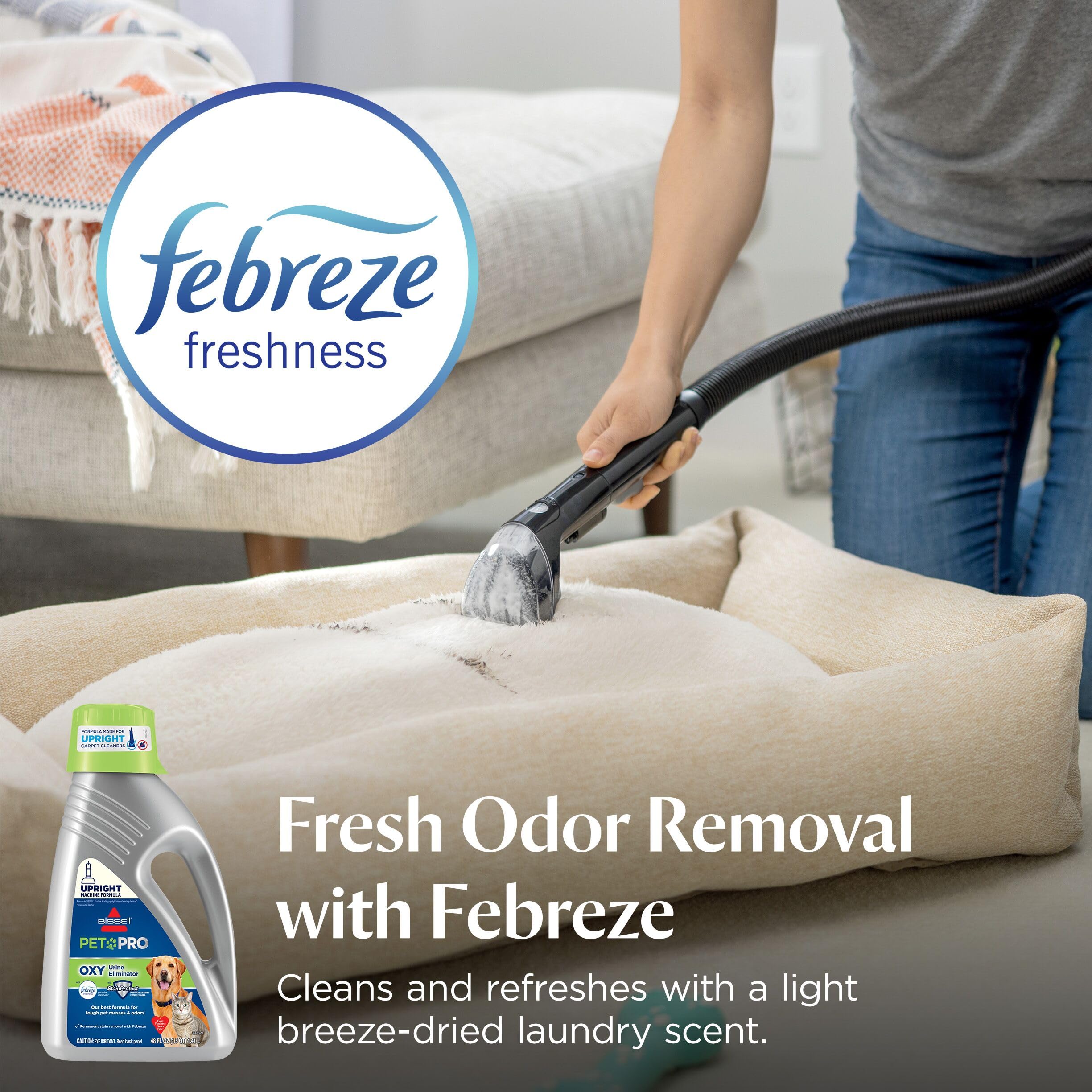 Bissell solution into an upright carpet cleaner demonstrating compatibility and deep-clean benefit