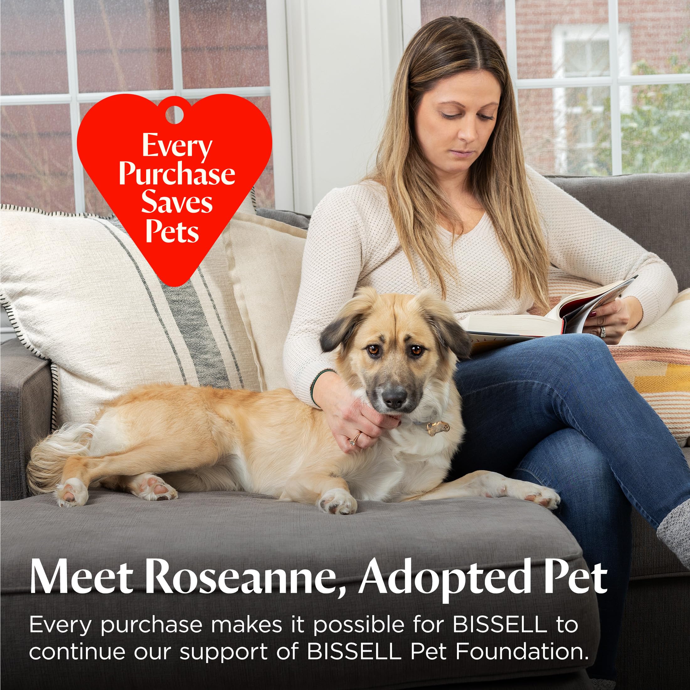 Bissell lifestyle shot cleaning kitchen floor with child and dog showing fresh home benefit
