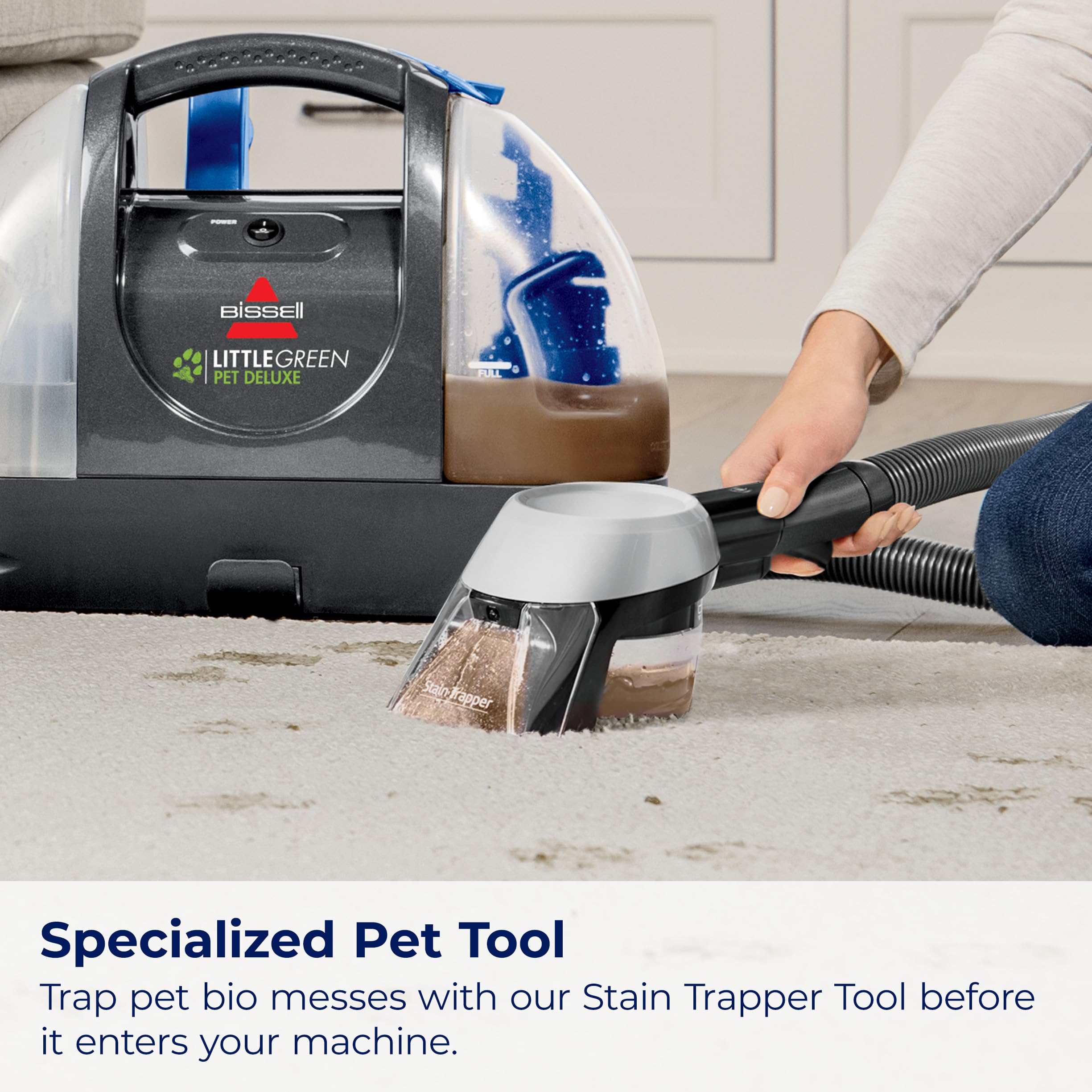 BISSELL Little Green Pet Deluxe 3 inch tough stain tool scrubbing a spot