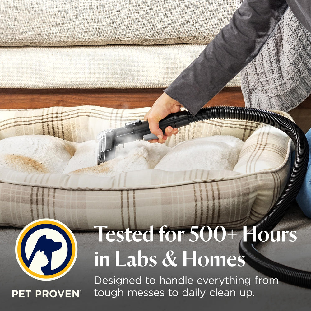 BISSELL Little Green HydroSteam cleaning a car seat to lift pet messes