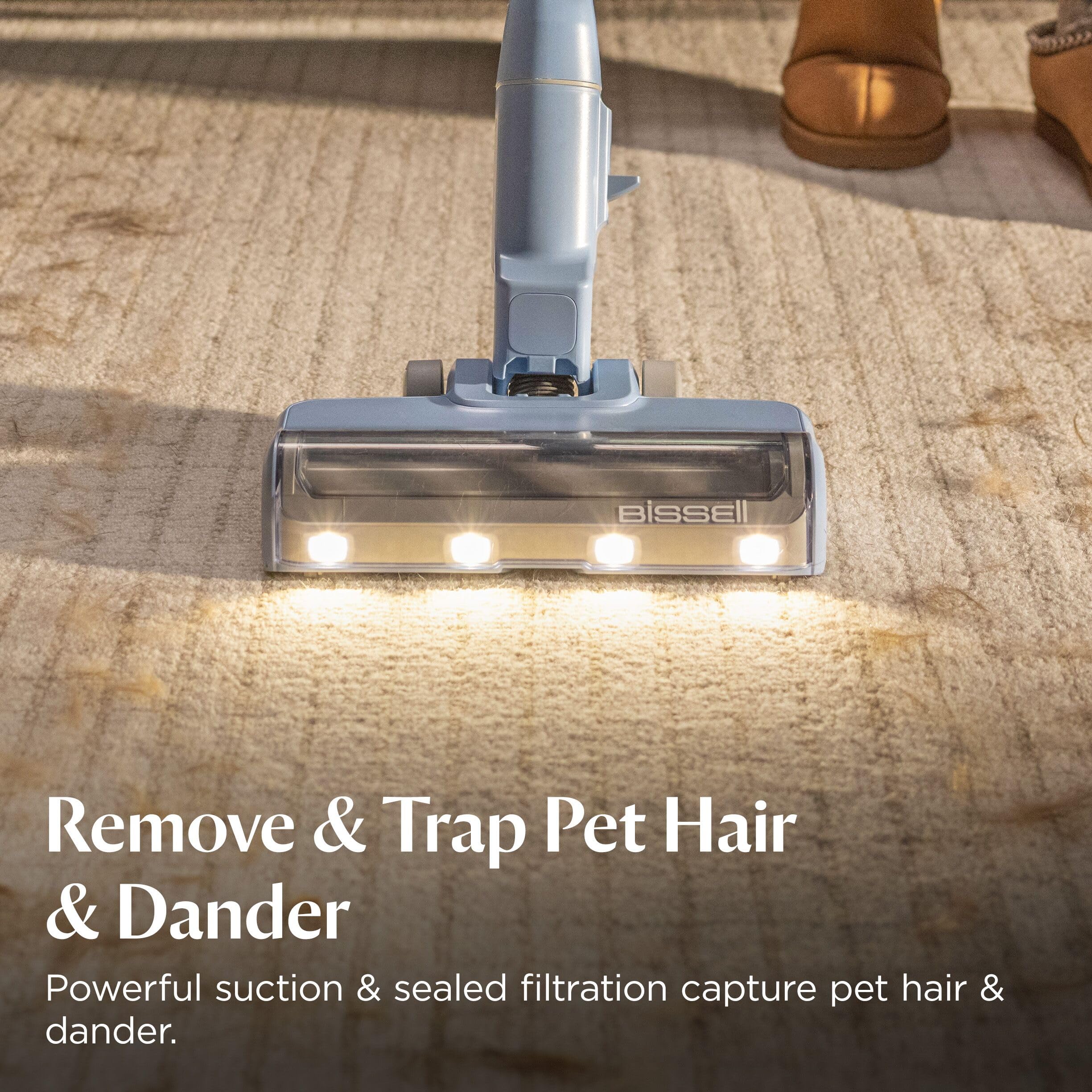 Bissell PowerClean LED headlight detail illuminating hidden pet hair for better visibility