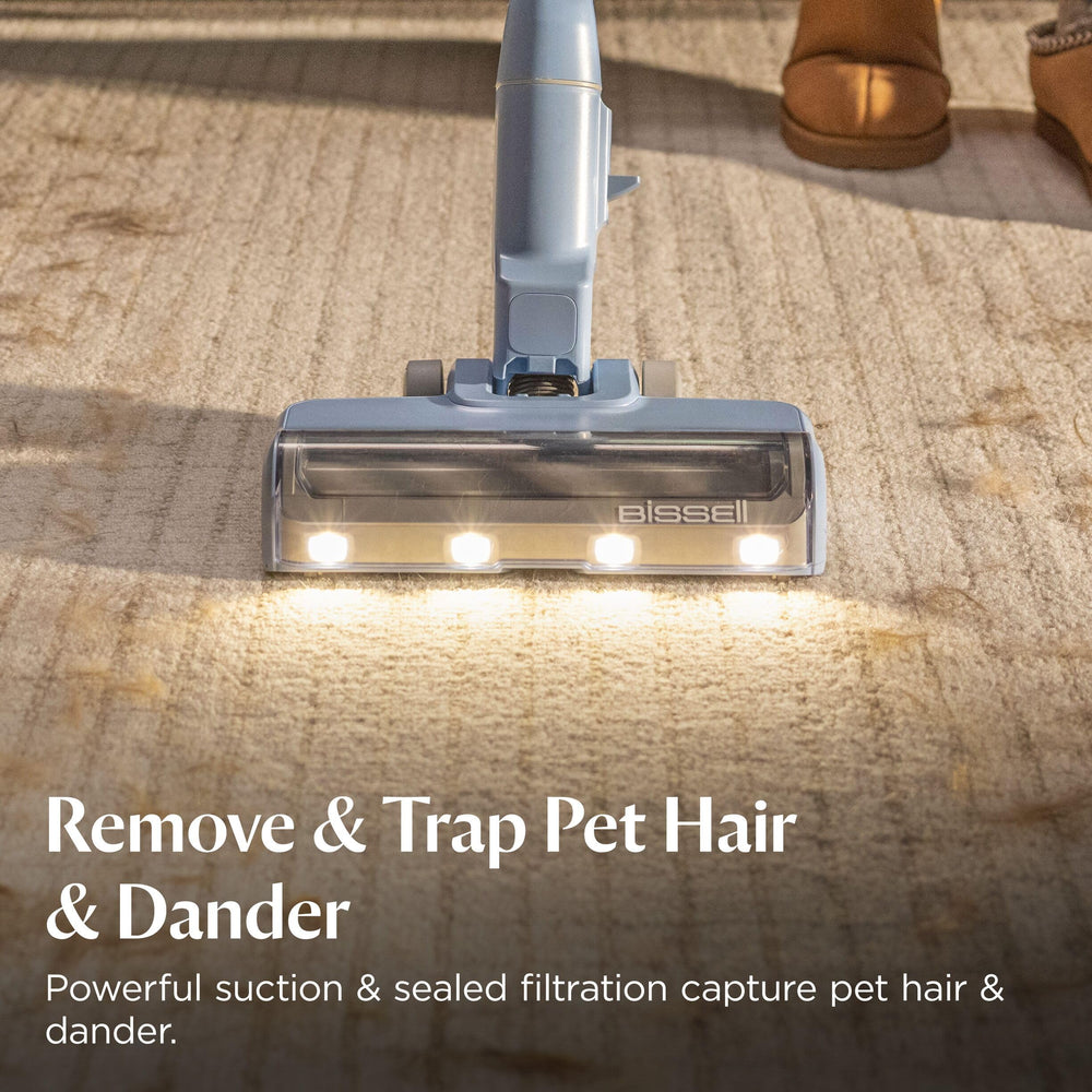 Bissell PowerClean LED headlight detail illuminating hidden pet hair for better visibility