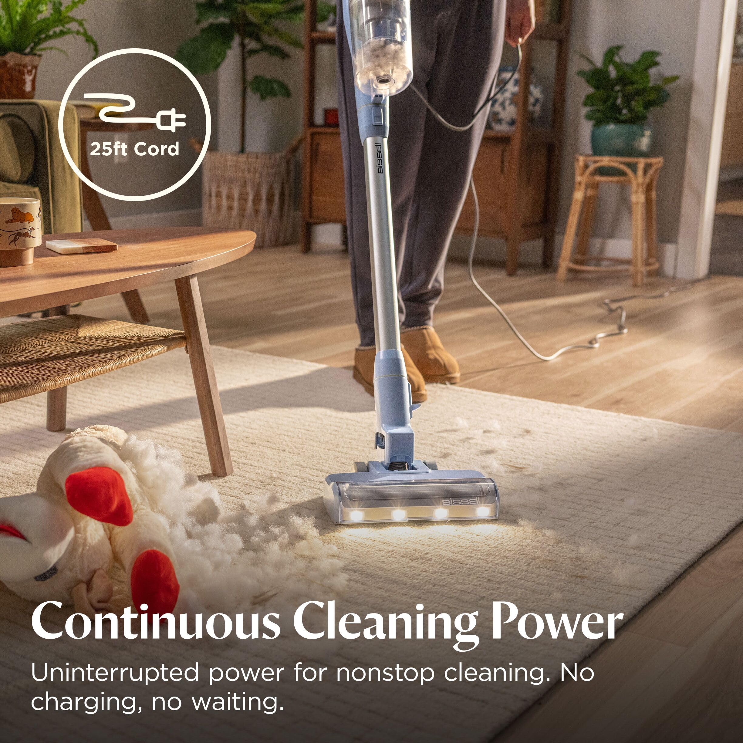 Bissell PowerClean self-standing on floor for pause convenience and hands-free breaks