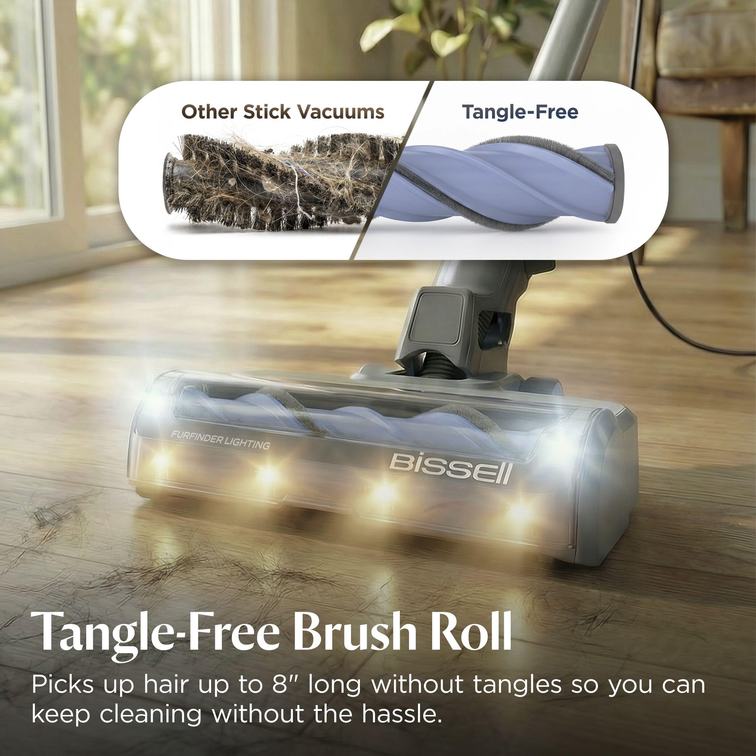 Bissell PowerClean tangle-free brush roll close-up preventing hair wrap for faster cleaning